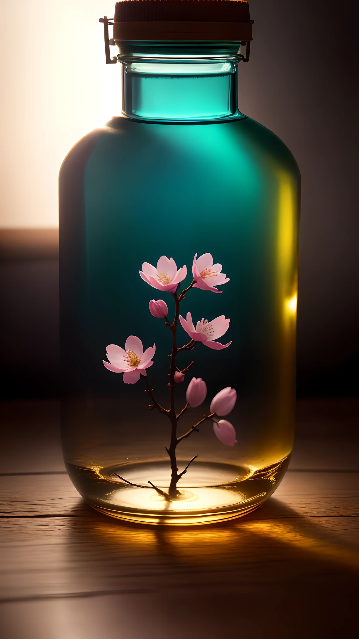 Cherry blossom tree in a bottle，Grows out of the bottle，nipple sticking out，fluffly，realisticlying，Atmospheric light refraction，Photo by Lee Jeffries，Nikon D850 Film Stock Photo 4 Kodak Portra 400 Camera F1.6 shots，rich colours，hyper realistic lifelike texture，dramatic  lighting，unreal engine trending on artstation cinestill 800，Style-Glass