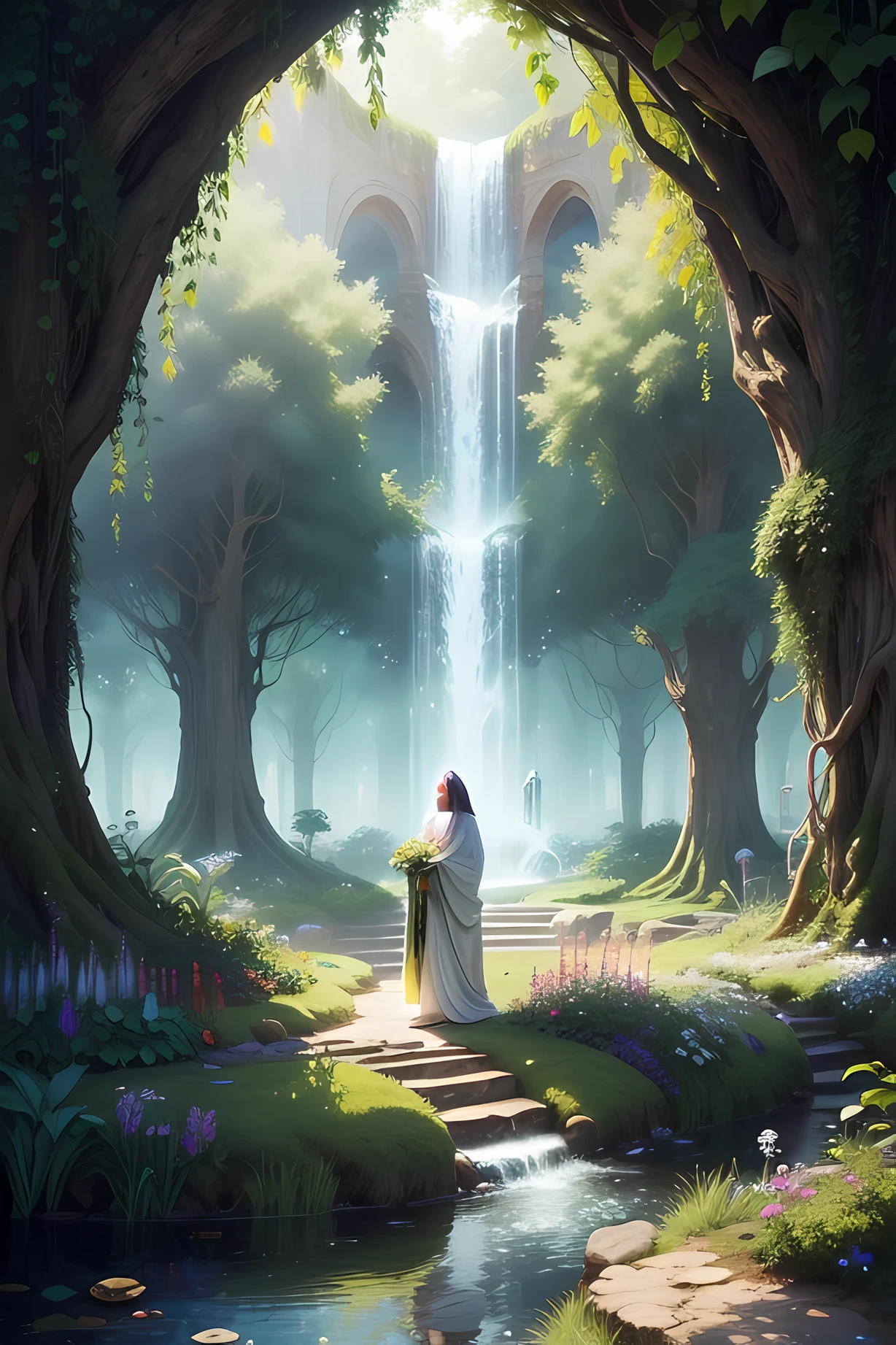In the beginning, God created heaven, The Earth and all that is on it. At the heart of this vast universe, He planted a magical garden called Eden."
Scene shows the stunning Garden of Eden, repleto de beleza e harmonia.