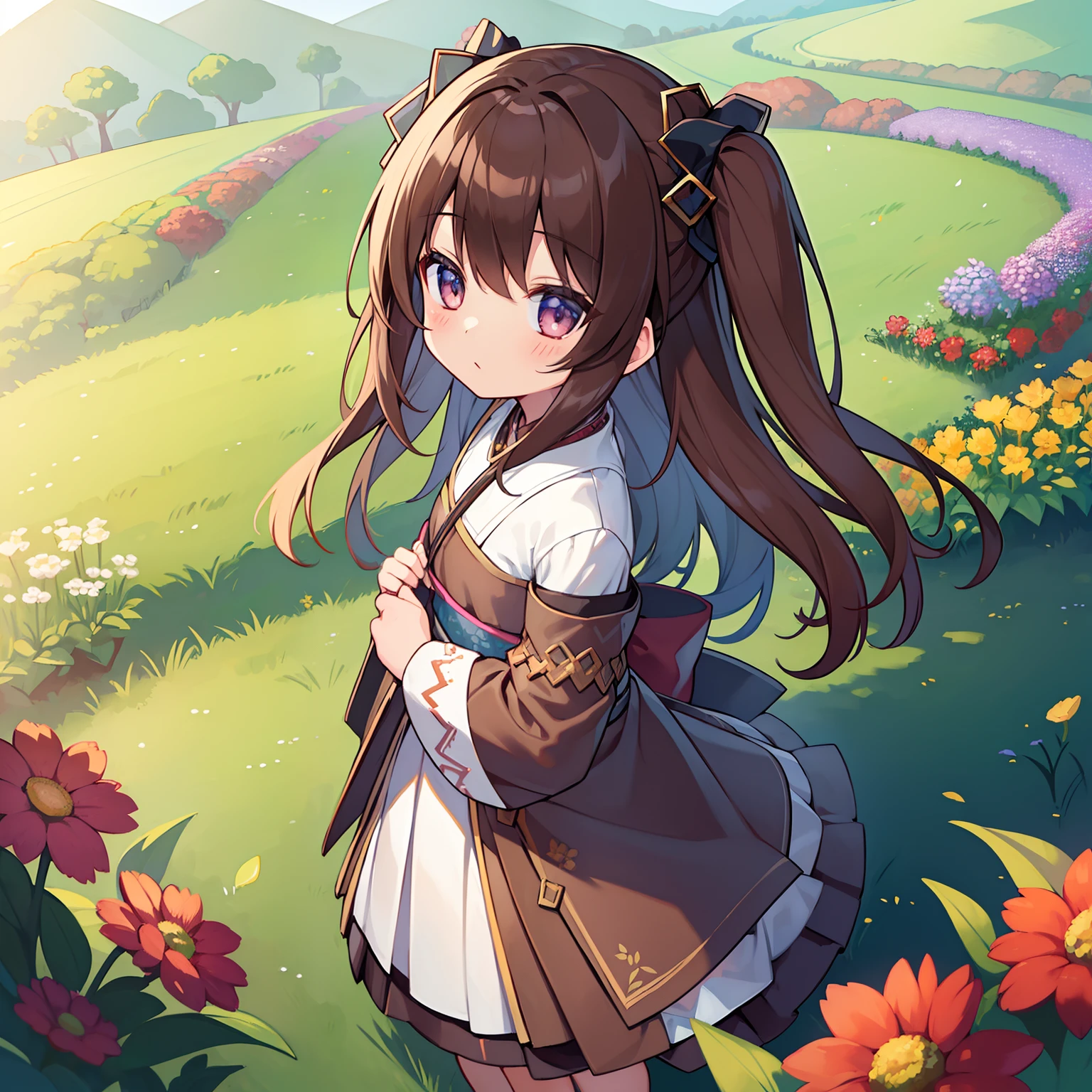 (masterpiece、top-quality:1.2)
younggirl、
Procedural Generation、
karo、
Light brown、
Dark brown、
One side up、
Field of flowers、
furisode、
From above、
is standing、
