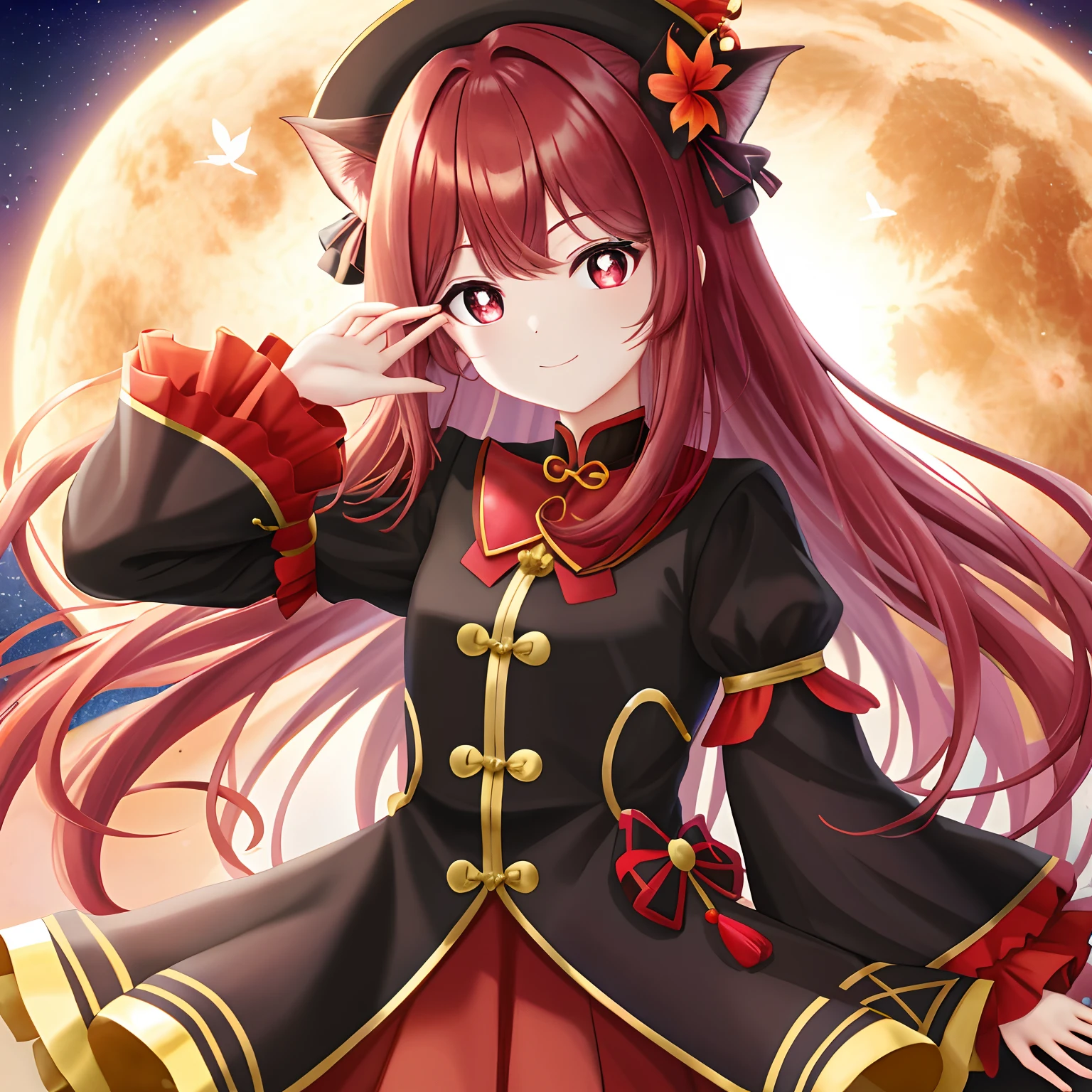 Best quality,delicated face,whaite hair,red pupils,puff sleeves,quadratic element,,butterflys,Danfeng Eyes,looks down on a viewer,Bust photo,Highest image quality,Light smile,themoon