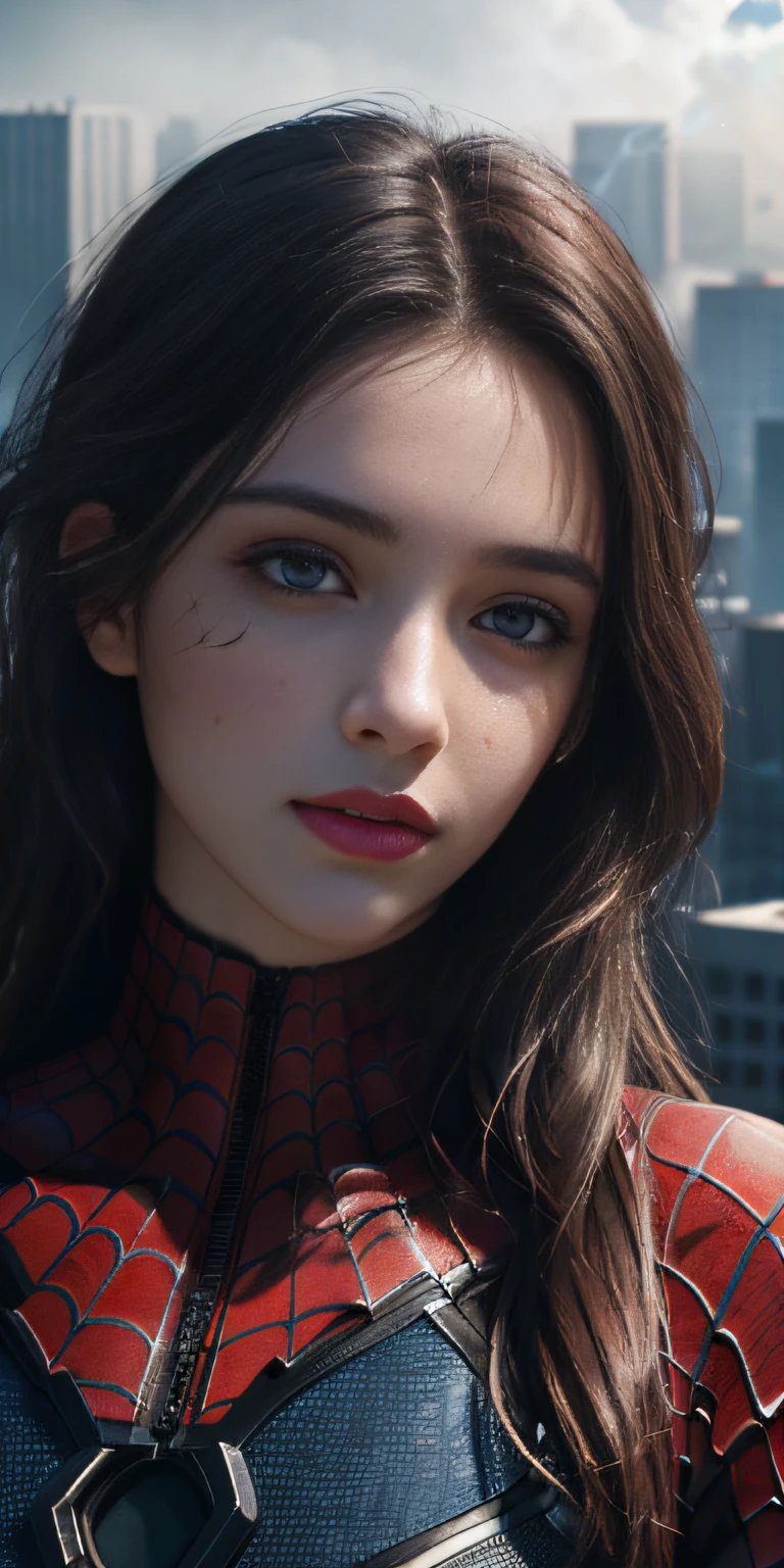 (1girl:1.3), Solo, (((Very detailed face)))), ((Very detailed eyes and face)))), Beautiful detail eyes, Body parts__, Official art, Unified 8k wallpaper, Super detailed, beautiful and beautiful, beautiful, masterpiece, best quality, original, masterpiece, super fine photo, best quality, super high resolution, realistic realism, sunlight, full body portrait, amazing beauty, dynamic pose, delicate face, vibrant eyes, (from the front), She wears Spider-Man suit, red and black color scheme, spider, very detailed city roof background, rooftop, overlooking the city, detailed face, detailed complex busy background, messy, gorgeous, milky white, highly detailed skin, realistic skin details, visible pores, clear focus, volumetric fog, 8k uhd, DSLR, high quality, film grain, fair skin, photo realism, lomography, futuristic dystopian megalopolis, translucent