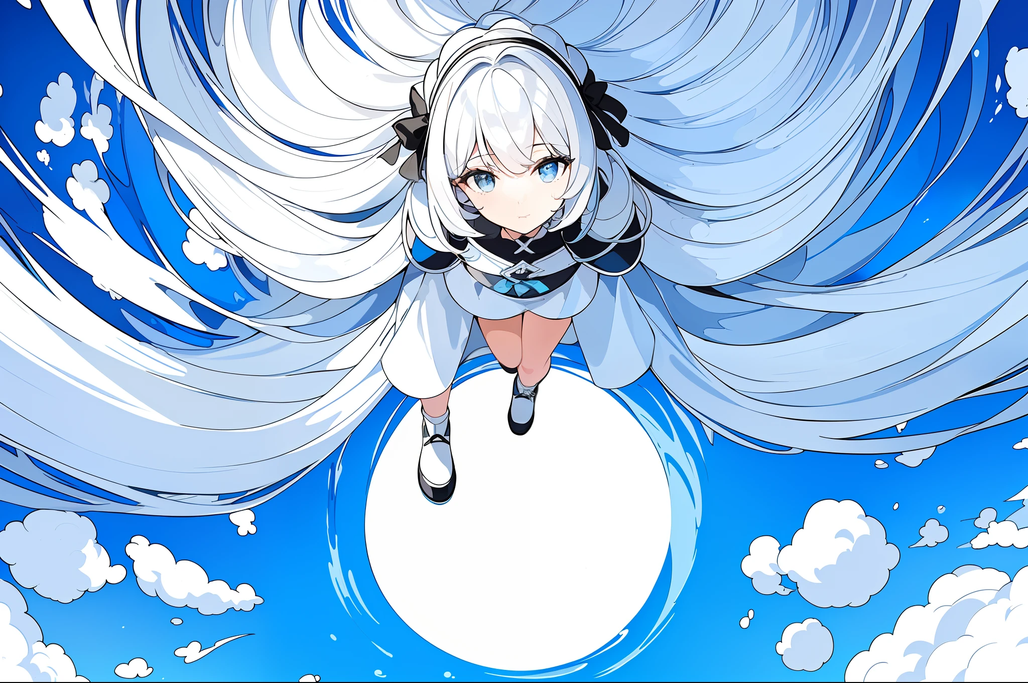 masterpiece,(best quality),(1girl) ,solo,(high contrast:1.2),(high saturation:1.2), ((hands on the pocket)),((black and white sdress)),looking at viewer,((white and light blue theme:1.3)),((white and light blue background:1.5)),white hair,blue eyes,((walking:1.3)),full body,black footwear,((the light blue water on sky and white cloud and day)),((from above:1.2)),Ink painting