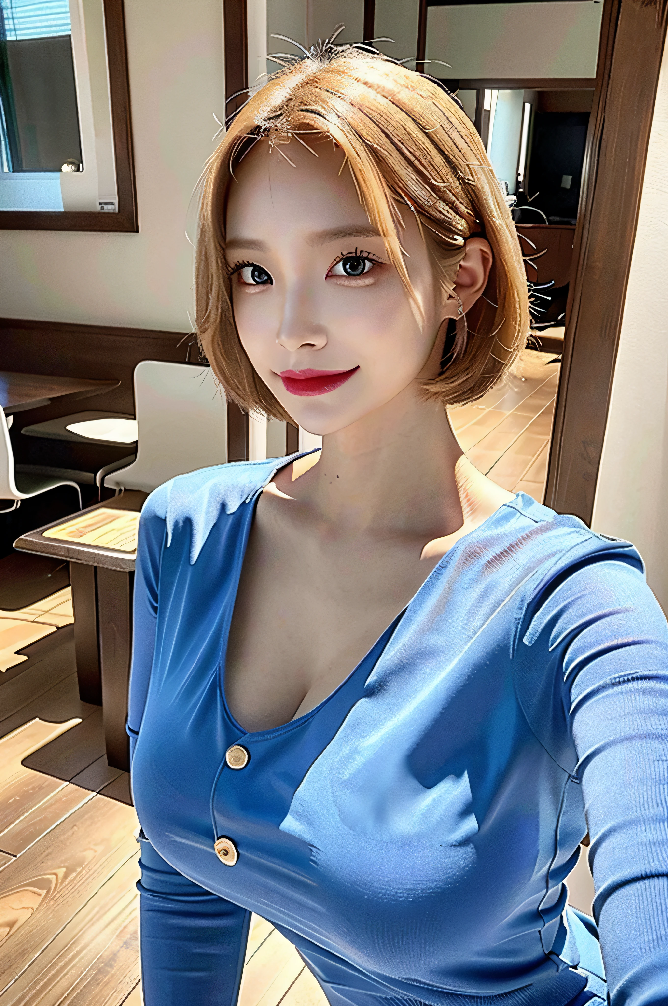 Incomparable masterpiece, perfect artwork, ((perfect female figure)), short hair, blonde, skinny, realistic, solo, (realism: 1.4), best quality, super high resolution, 1girl, porcelain, kpop ido, (extra large breasts), full body, beautiful, masterpiece, best quality, very detailed face, perfect lighting, solo, plain makeup, tights, best quality, super high resolution, (realistic:1.4), super detailed, masterpiece, best quality,  ulzzang - 6500-v1.1,  (realistic, photorealistic: 1.37), extreme light and shadow, disheveled hair, master work, rich details, (fine facial features), (highest quality photo), (masterpiece), (detailed eyes), look in front of you eyes, incredibly cute under eye moles, necklace, moles under lef5 eyes, earring best quality, Japanese woman, large breasts, very short bob hair,upper body, A beautiful woman with perfect body:1.4, Slim abdomen:1.2, (full body:1.6), ultra-detailed face, delicate eyes, double eyelids, soft breasts, charming expression, blonde  hair, in high school, japanese uniform,