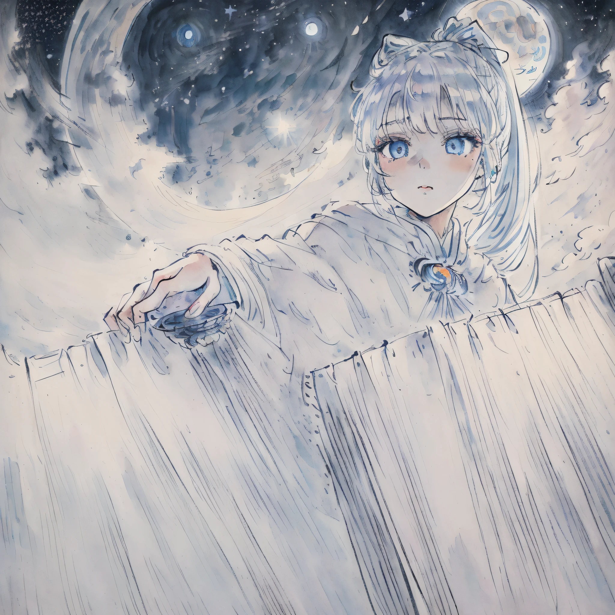 (((masterpiece))), (((best quality))), ((ultra-detailed)), (illustration), ((an extremely delicate and beautiful)),cinematic angle,floating, (beautiful detailed eyes), (detailed light),cinematic lighting, beautifully detailed sky,
(1girl), white hair, blue eyes, (high ponytail), cloak, glowing eyes,
((moon)),(moonlight), starry sky, (lighting particle), fog, snow
(painting),(sketch),(bloom)