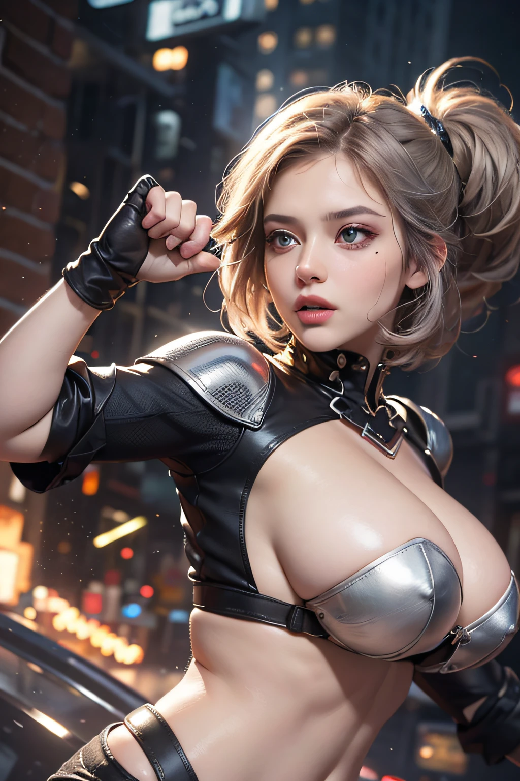 (8K, 超A high resolution, masterpiece of best quality, professional-grade detailed wallpaper, Ultimate very detailed everything), 1womanl, 35 year old, (inely detailed beautiful eyes, Silver Shorthair, heart shape eyes, {{{{Vulgarity}}}}, large boob, burst, cleavage, Gigantic , A very perfect ??????? body, Very perfect), (fighting poses:1.1), (Background: Street)