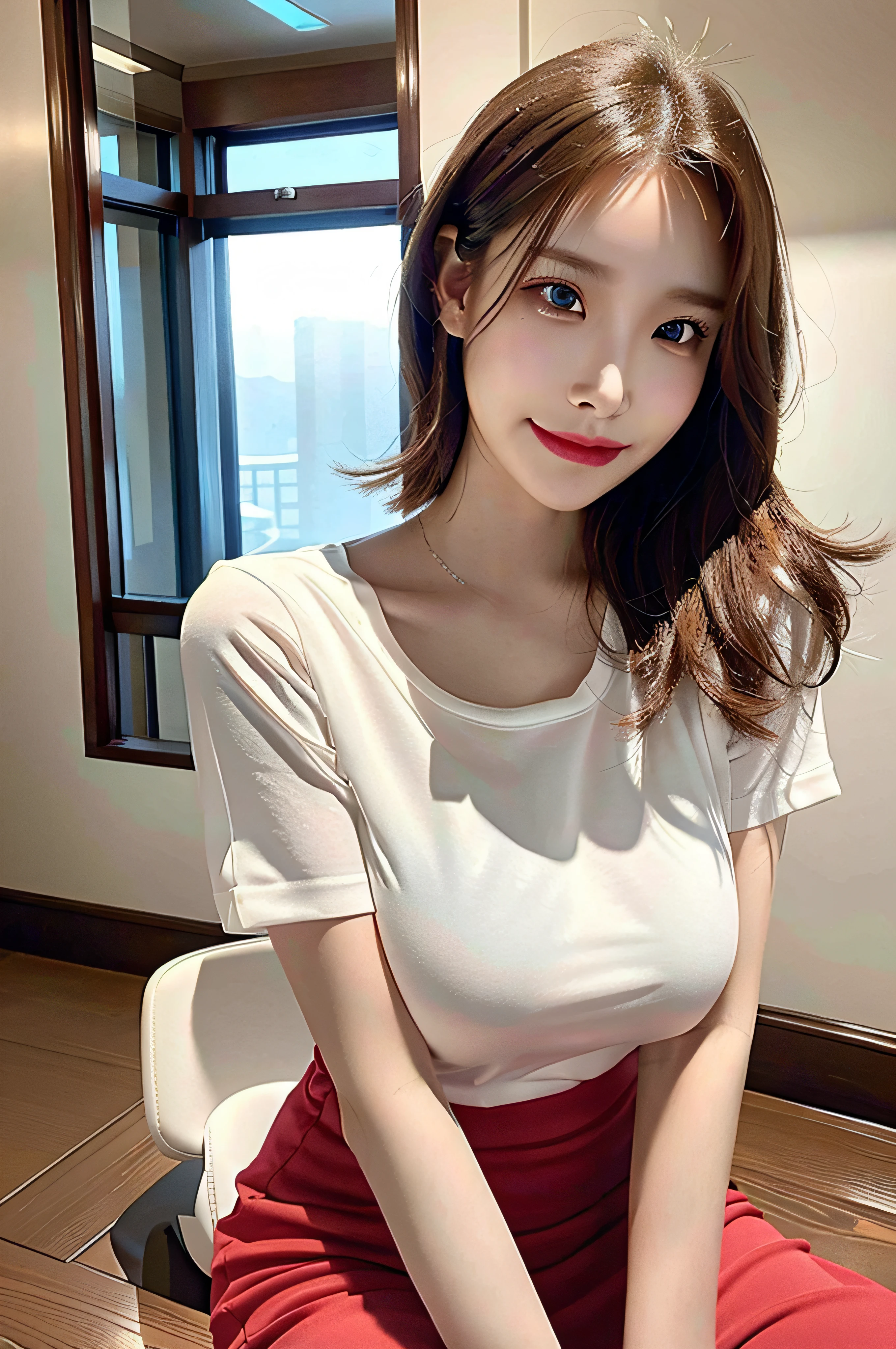 Asayaka,(huge breasts:1.1),looking at the viewer,((masterpiece)),((highest quality)),perfect anatomy,8K UHD,highly detailed face,luster and luster,((1 girl)),((alone)),beautiful eyes,perfect image,(Upper body:1.1),(look ahead:1.1),Arms behind,slim waist,shiny hair,Are standing,super detailed,disorganized,indoor,white shirt,Shiny black tight skirt,
