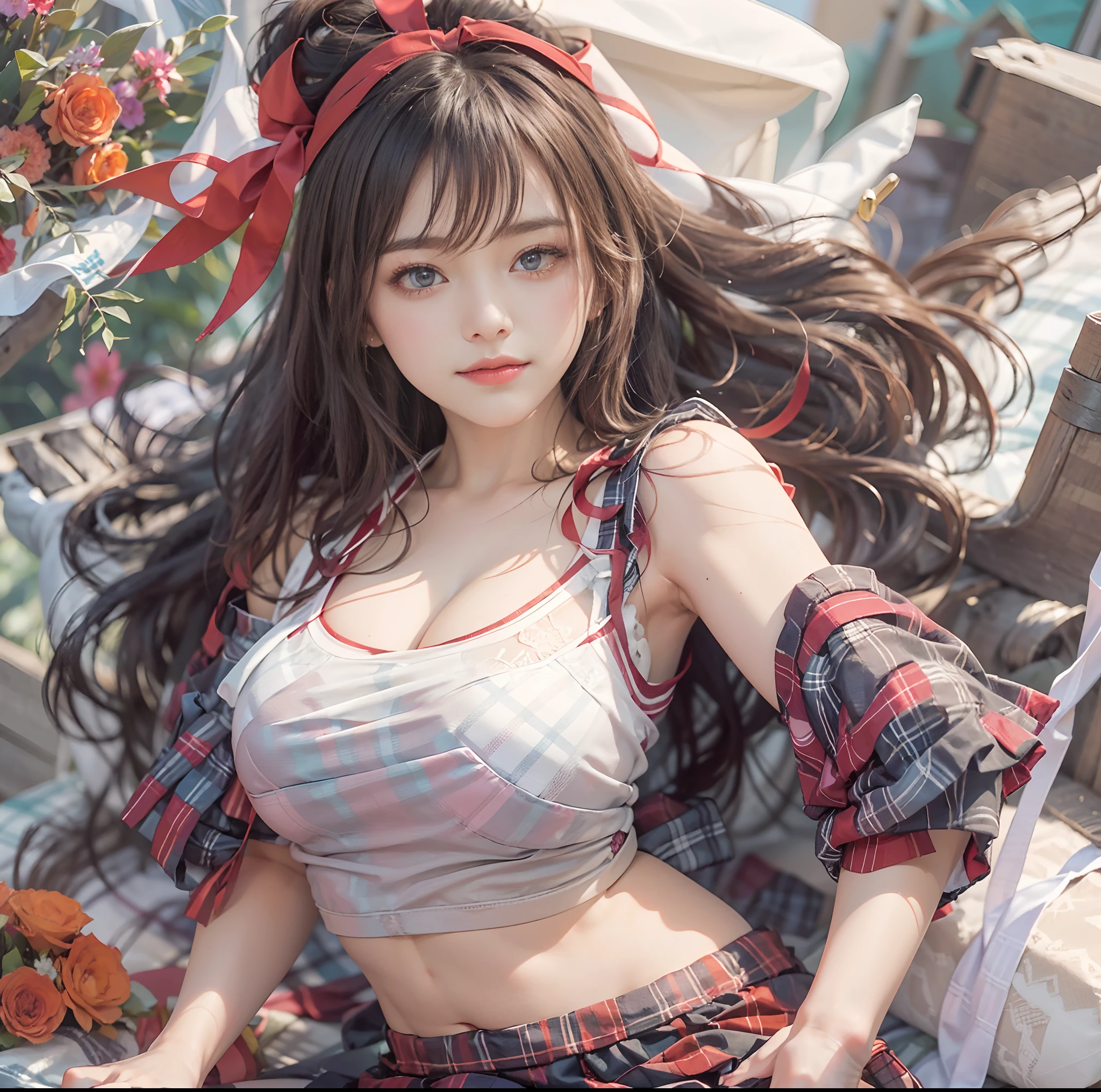 (top-quality、​masterpiece)、(Realistic lighting with shadows)、elegent、(A hyper-realistic:1.5)、Stylish, canny, traditional, artistic, intricate detailes、(Perfect anatomical depiction of the human body)、1girl in, ( Huge breasts :1.5), She is a  girl、Beautiful bright blue eyes squinting dazzlingly、Small lips without lipstick、Brunette hair fluttering in the wind、She has half-up hair that shines in the backlight of the setting sun, Eta、She is a schoolgmmer outfit、 (The skirt is a tartan plaid micro mini pleat:1.5)、(Neat white blouse and white panties:1.5)、 (Thin crimson ribbon ties:1.5), tightly closed from neck to skirt, So you can't see the skin., So the girl's breasts are not exposed at all.、(The blouse is very cramped because the breasts are so large:1.5)、 (She's in a sexy pose、It is very bewitching and beautiful:1.5)、Looks like a school goddess、This photo was taken with a cute smile with narrowed eyes as if a wonderful flower was blooming in front of me...。, (Show your chest from the front:1.5), (the face is chubby:1.3), perfect anatomia, A detailed face, close up of face,  irene1, zydG