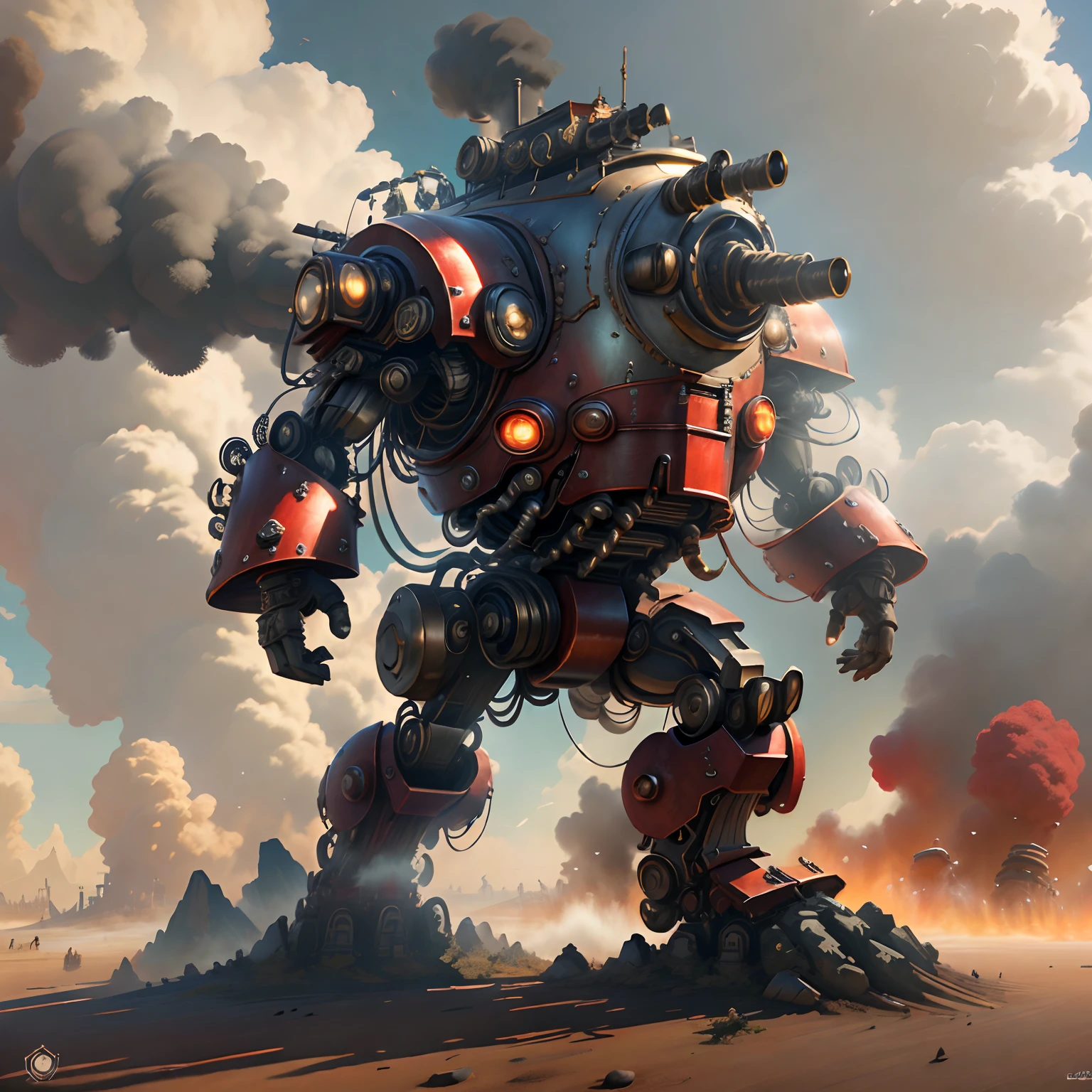 steampunc，Huge mech，Exposed power core，Heavy housing，Red mechanical eyes，Huge heavy giant sword，The red cloak dances in the wind，Aggressive stance，8K，Global illumination，Ray traching，Modeling，unreal render，best qualtiy，HDR，artstation