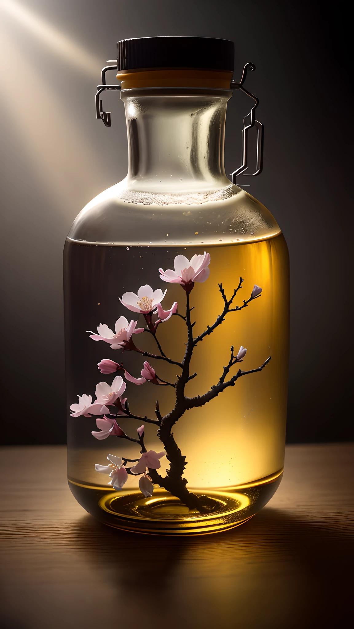 Cherry blossom tree in a bottle,Grows out of the bottle,nipple sticking out,fluffly,realisticlying,Atmospheric light refraction,Photo by Lee Jeffries,Nikon D850 Film Stock Photo 4 Kodak Portra 400 Camera F1.6 shots,rich colours,hyper realistic lifelike texture,dramatic lighting,unreal engine trending on artstation cinestill 800,Style-Glass