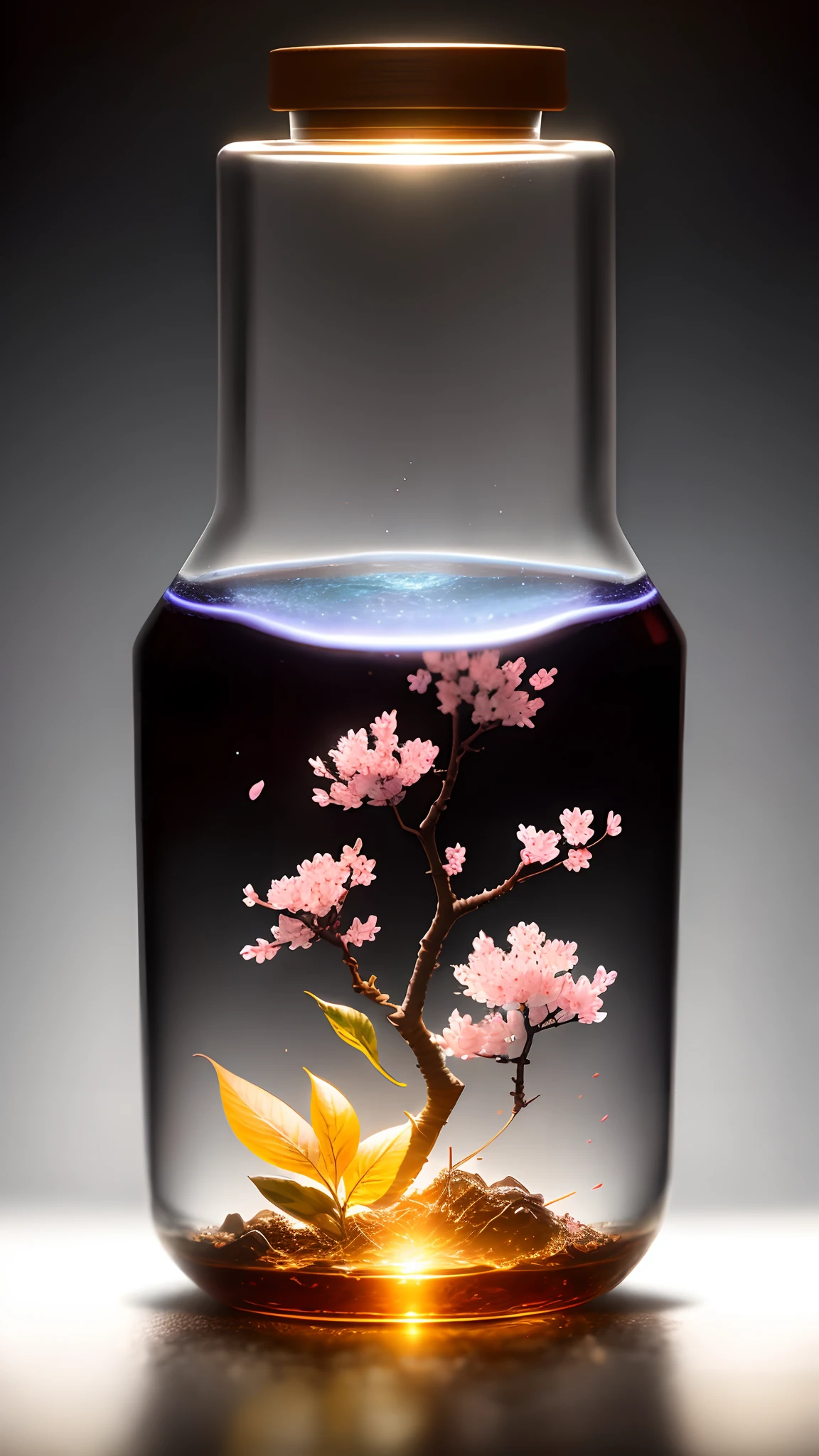 Cherry blossom tree in a bottle,Grows out of the bottle,?????? sticking out,fluffly,realisticlying,Atmospheric light refraction,Photo by Lee Jeffries,Nikon D850 Film Stock Photo 4 Kodak Portra 400 Camera F1.6 shots,rich colours,hyper realistic lifelike texture,dramatic lighting,unreal engine trending on artstation cinestill 800,Style-Glass