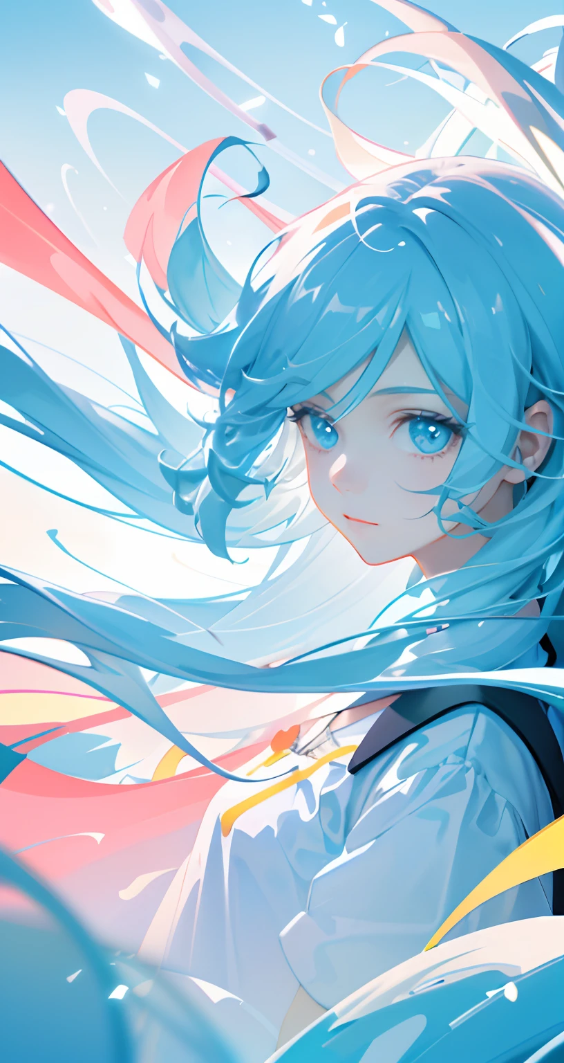 masterpiece, best quality, movie still, 1girl, floating in the sky, cloud girl, cloud, (close-up:1.1), bright, happy, fun, soft lighting, (Bauhaus, shapes, lines, abstract:1.1)