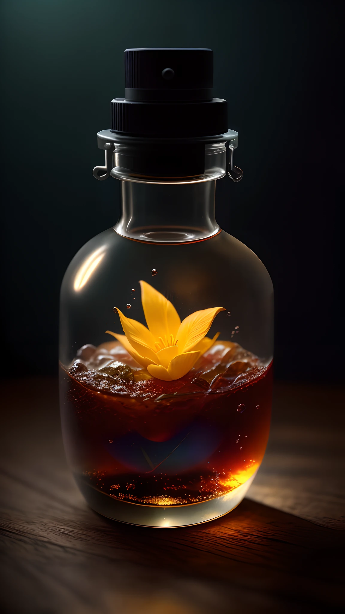 A stunning photographic image of a glass anatomical heart stylized under a bottle of Fanta, enclosed in an ice shell, with a fanta religious logo that is released on it.He is half full of orange soda.The image is made in an artistic style of minimalism, and a translucent glass bottle contrasts beautifully against the background of ice.The composition and lighting create an exciting and visually amazing result. --ar 9:16 --v 6.0 --s 1000 --niji 6 --style raw