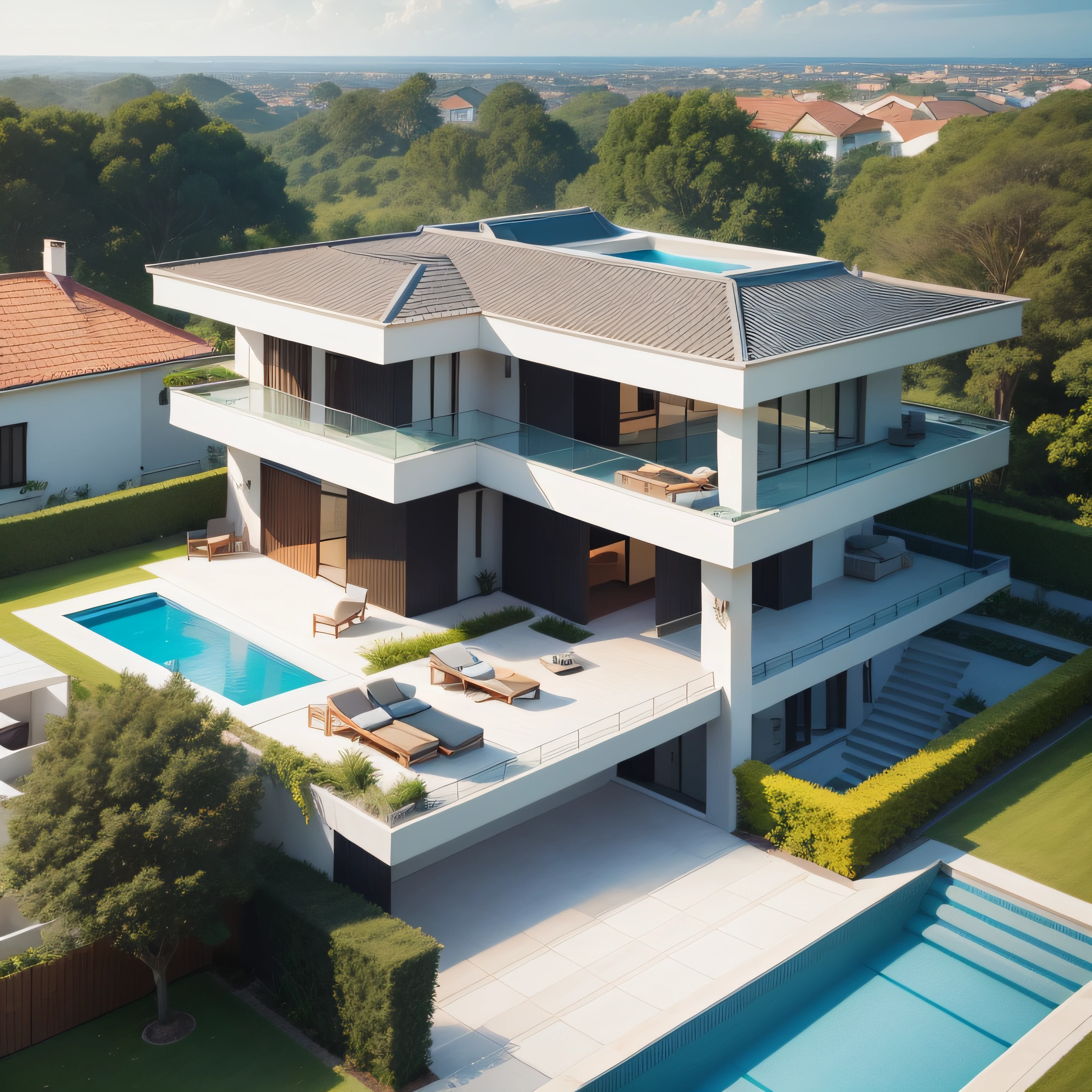 Villa, mansion, garden, rooftop swimming pool, simple, modern and realistic