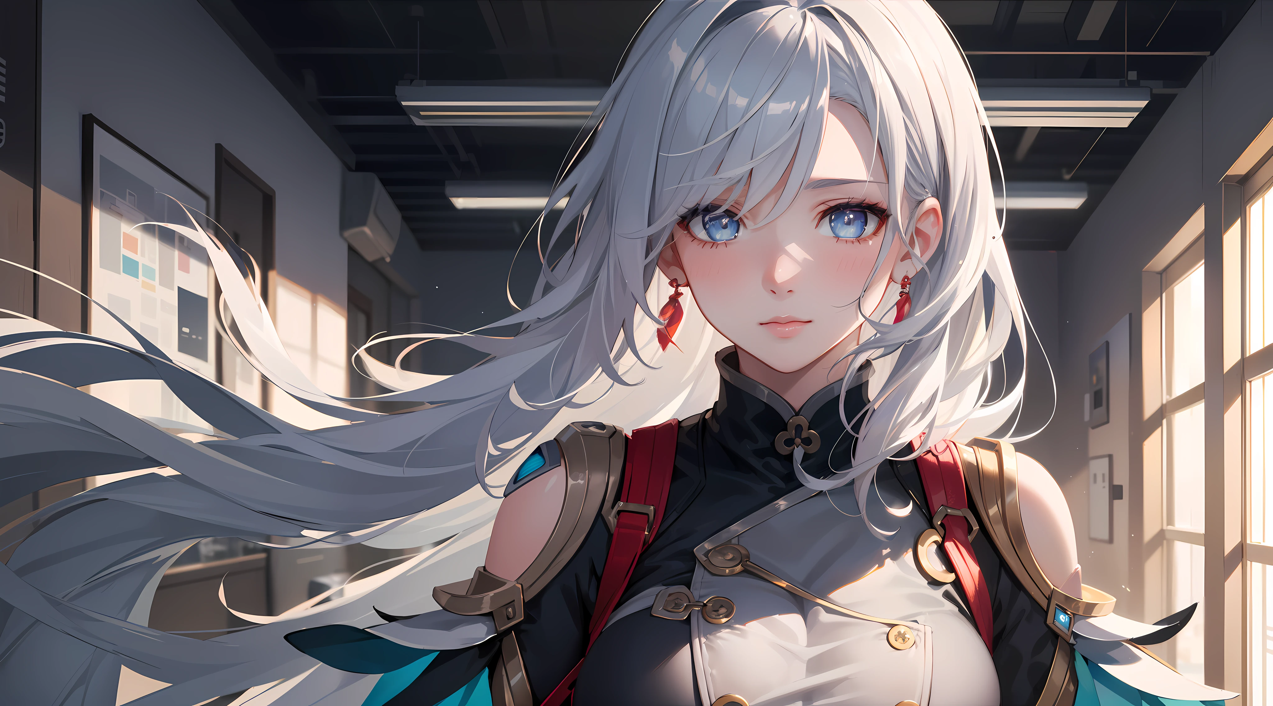 electrician girl, electrician suit, upper body, seductive look, blush, indoors, in office, looking at viewer, cloudy, moody lighting, (perfect detail eyes:1.2), glowing eyes, (long hair:1.2), elemental skill effect, (Masterpiece, Best Quality, High Quality:1.4), professional artwork, Intricate Details, field of view, sharp focus, detailed painting, photorealistic lighting, trending on pixiv, (vivid lighting, vibrant colors:1.05), realistic shadows, ambient occlusion, (athletic body:1.3), mature woman, 30yo, shenhe, hyperdetail eyes, beautiful eyes, (((solo:1.4))), semi-realistic hair