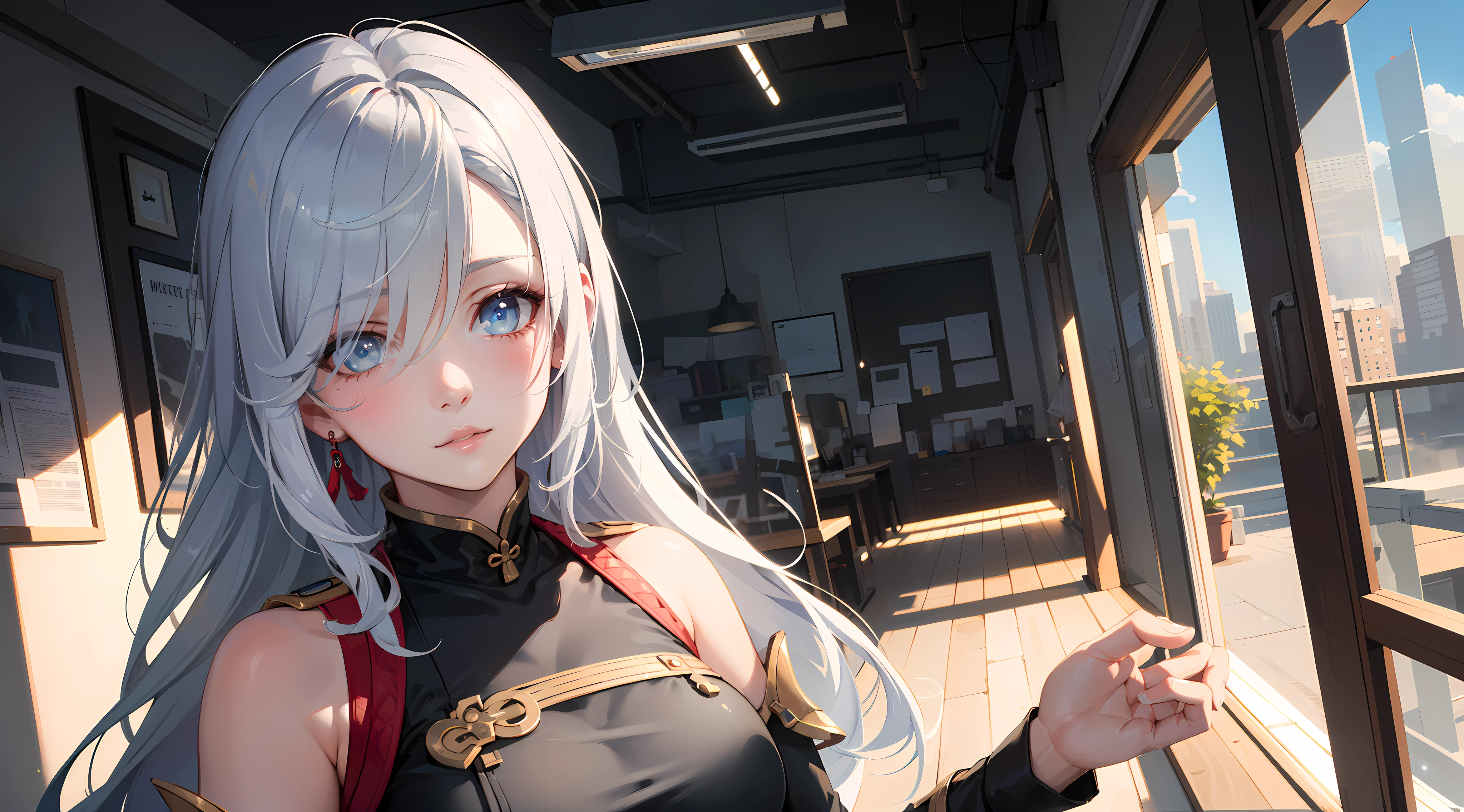 electrician girl, electrician suit, upper body, seductive look, blush, indoors, in office, looking at viewer, cloudy, moody lighting, (perfect detail eyes:1.2), glowing eyes, (long hair:1.2), elemental skill effect, (Masterpiece, Best Quality, High Quality:1.4), professional artwork, Intricate Details, field of view, sharp focus, detailed painting, photorealistic lighting, trending on pixiv, (vivid lighting, vibrant colors:1.05), realistic shadows, ambient occlusion, (athletic body:1.3), mature woman, 30yo, shenhe, hyperdetail eyes, beautiful eyes, (((solo:1.4))), semi-realistic hair