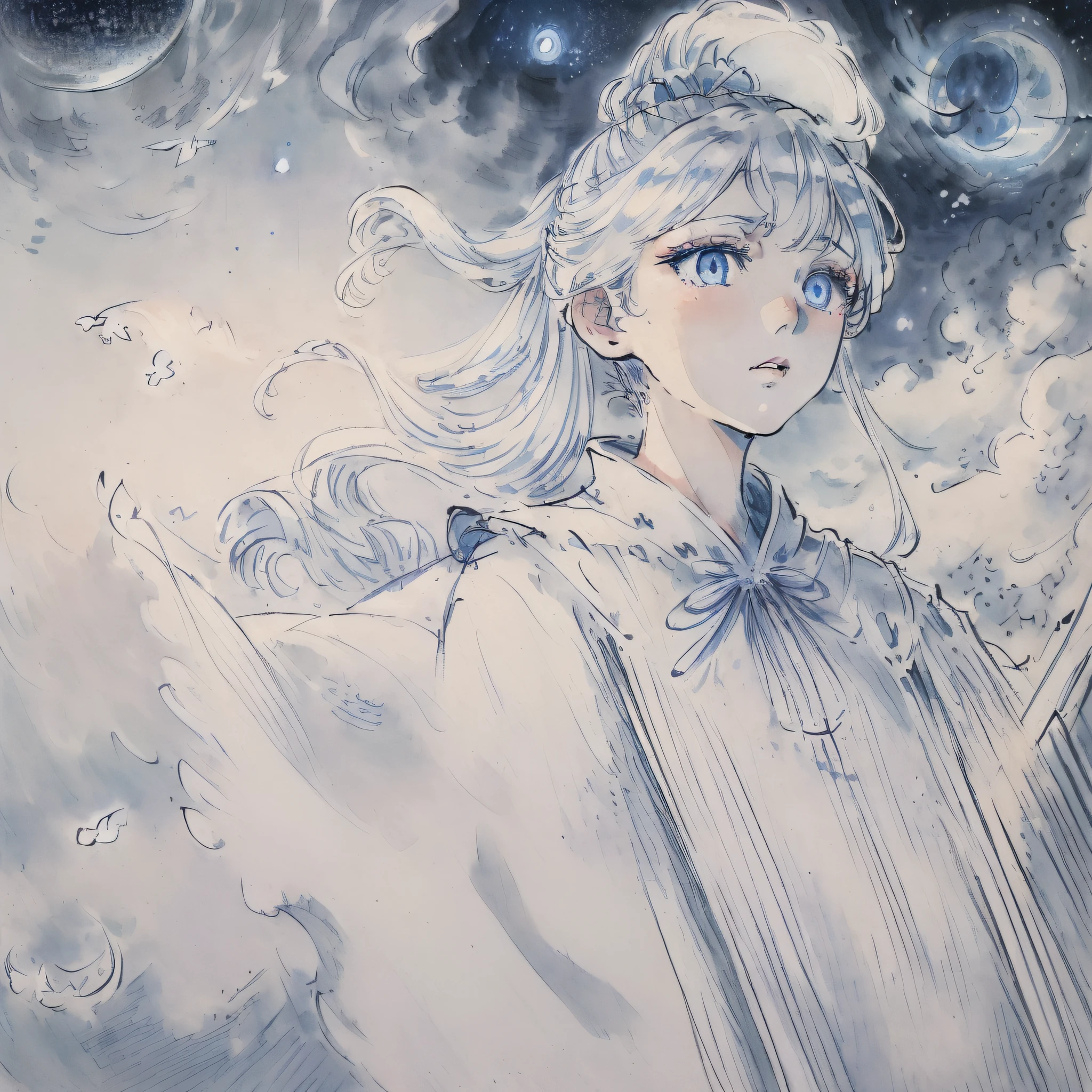 (((masterpiece))), (((best quality))), ((ultra-detailed)), (illustration), ((an extremely delicate and beautiful)),cinematic angle,floating, (beautiful detailed eyes), (detailed light),cinematic lighting, beautifully detailed sky,
(1girl), white hair, blue eyes, (high ponytail), cloak, glowing eyes,
((moon)),(moonlight), starry sky, (lighting particle), fog, snow
(painting),(sketch),(bloom)