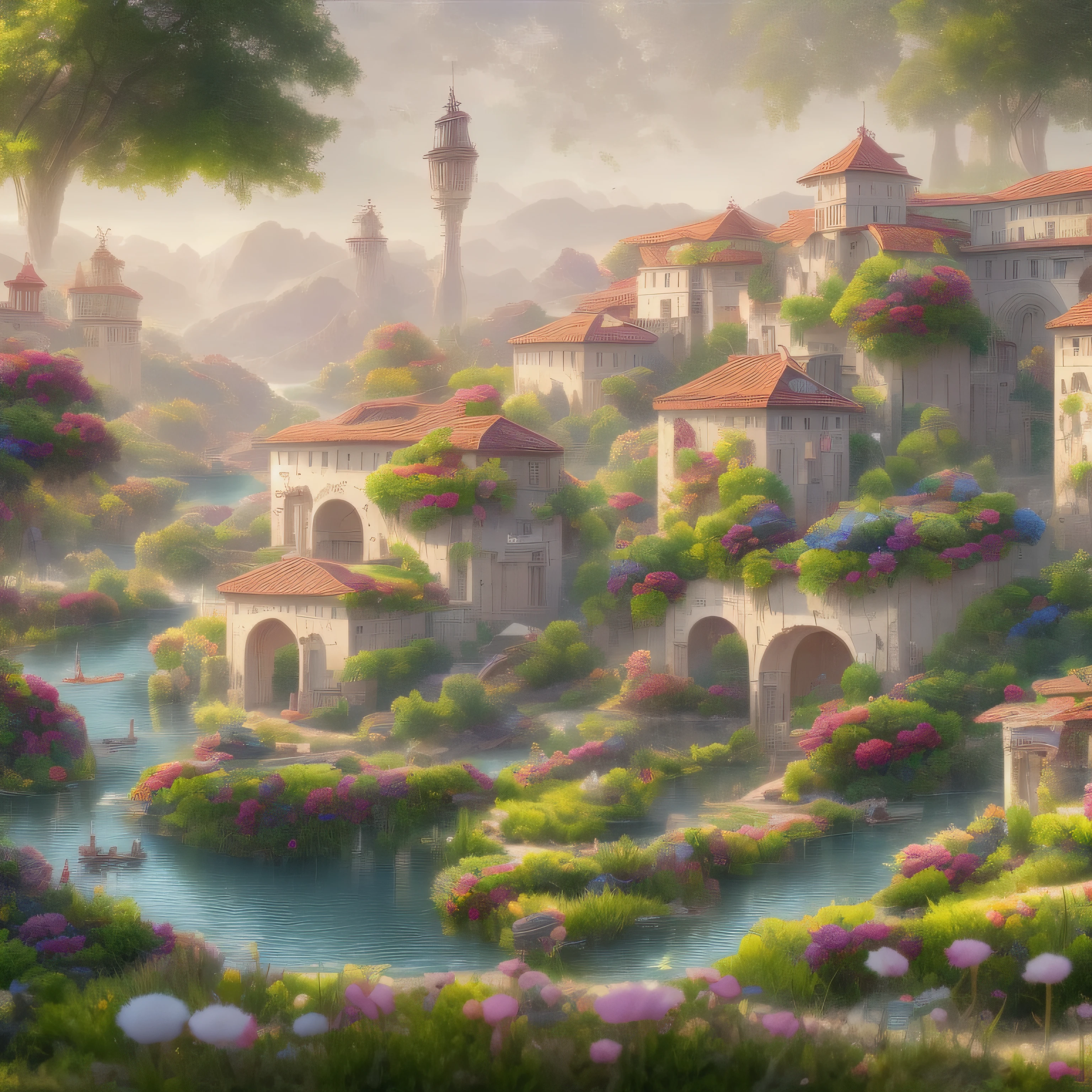 very beautiful medieval utopian city in harmony with nature with beautiful greek style house