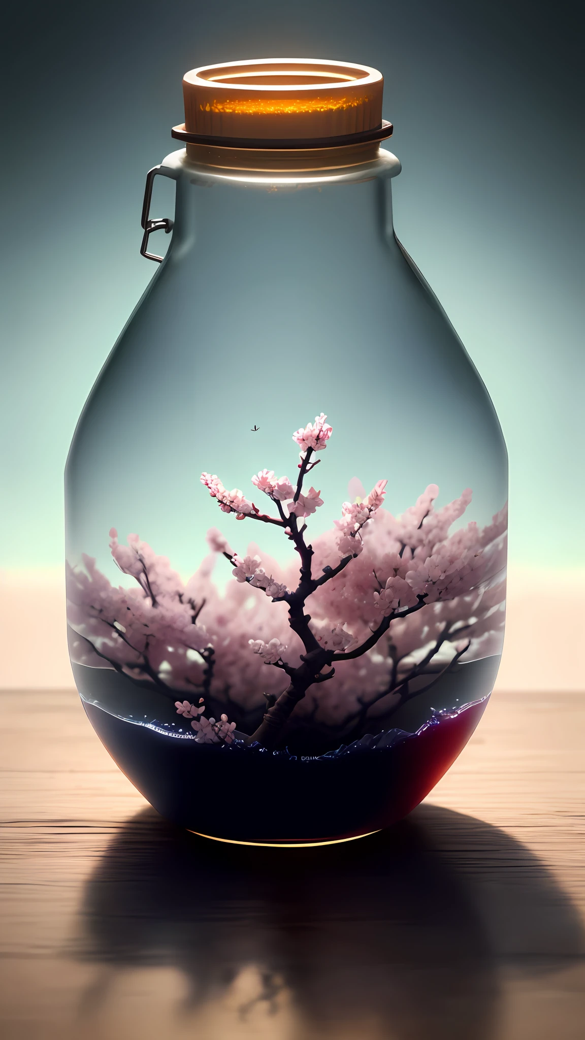 Cherry blossom tree in a bottle,Grows out of the bottle,nipple sticking out,fluffly,realisticlying,Atmospheric light refraction,Photo by Lee Jeffries,Nikon D850 Film Stock Photo 4 Kodak Portra 400 Camera F1.6 shots,rich colours,hyper realistic lifelike texture,dramatic lighting,unreal engine trending on artstation cinestill 800,Style-Glass
