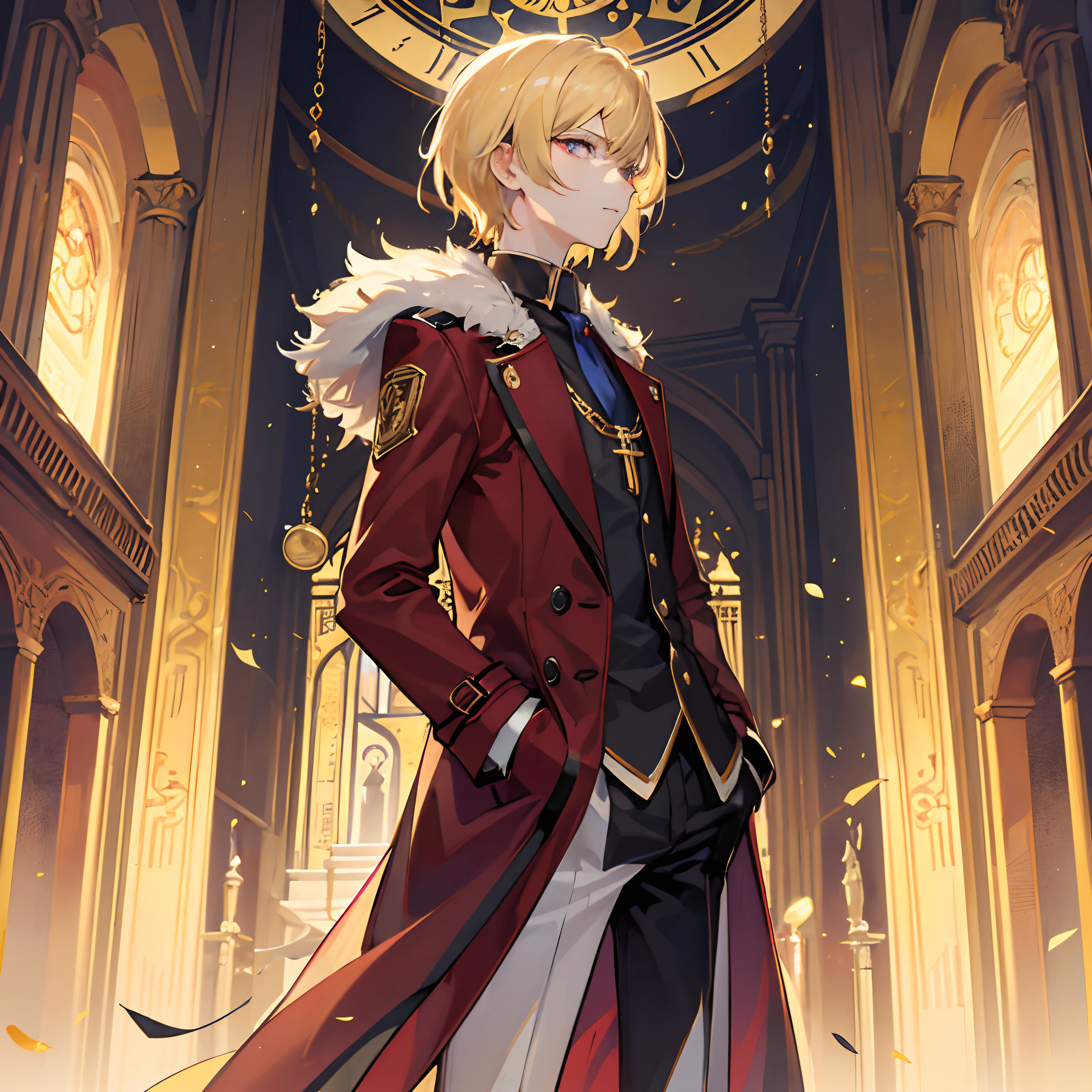 ｛1boys，独奏，｝Blonde super short hair boy，slanted bangs，（hair adornments，jewely），He stood in front of the empty temple，he has sapphire-like eyes，The eyes are decisive and decisive，The expression is unwavering，No amount of darkness could break him，He looked into the distance，Keep your hands in your pockets，He wears gorgeous men's clothing，There are many valuable ornaments on the dress，Wear a red trench coat，There is a fur collar on the trench coat，The trench coat flutters in the wind，slender leg，Tall man，He is tall，There is a gold chain on the white pants，A dazzling golden light shone behind him，sacred place，chies，Solomon's Temple of Time，The incarnation of Odin，dynamic scene，god statue，clock，The sense of sacredness，Full of courage，Faraway view，visto ao longe，far from viewer，looking at viewert，the sideview，（Best quality at best），（extremely detaile），（Unique），（Delicate background），（Masterpiece），（Ultra-high resolution），（Very detailed 8k wallpapers），cinmatic lighting，Volumetriclighting，light particules，Face Shadow，（Delicate handsome face and eyes），depth of fields，ssee-through，
