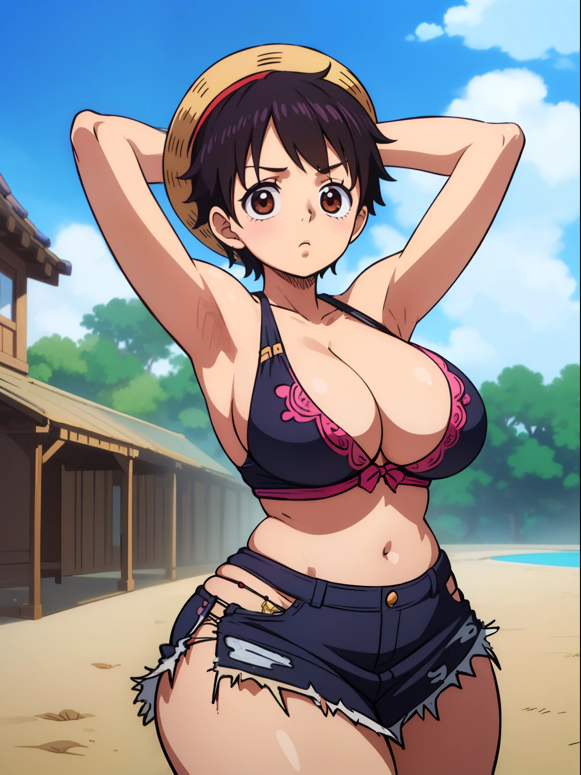 (masterpiece)), ((best quality)), (ultra-detailed), ((kawaii)), cute, (lovely), ((extremely detailed)), 4K, (8K), best quality, (beautiful), full body, teenage, solo, ((gigantic breasts)), (((sagging breasts))), armpits,  (curvy), luffy, from side, short hair