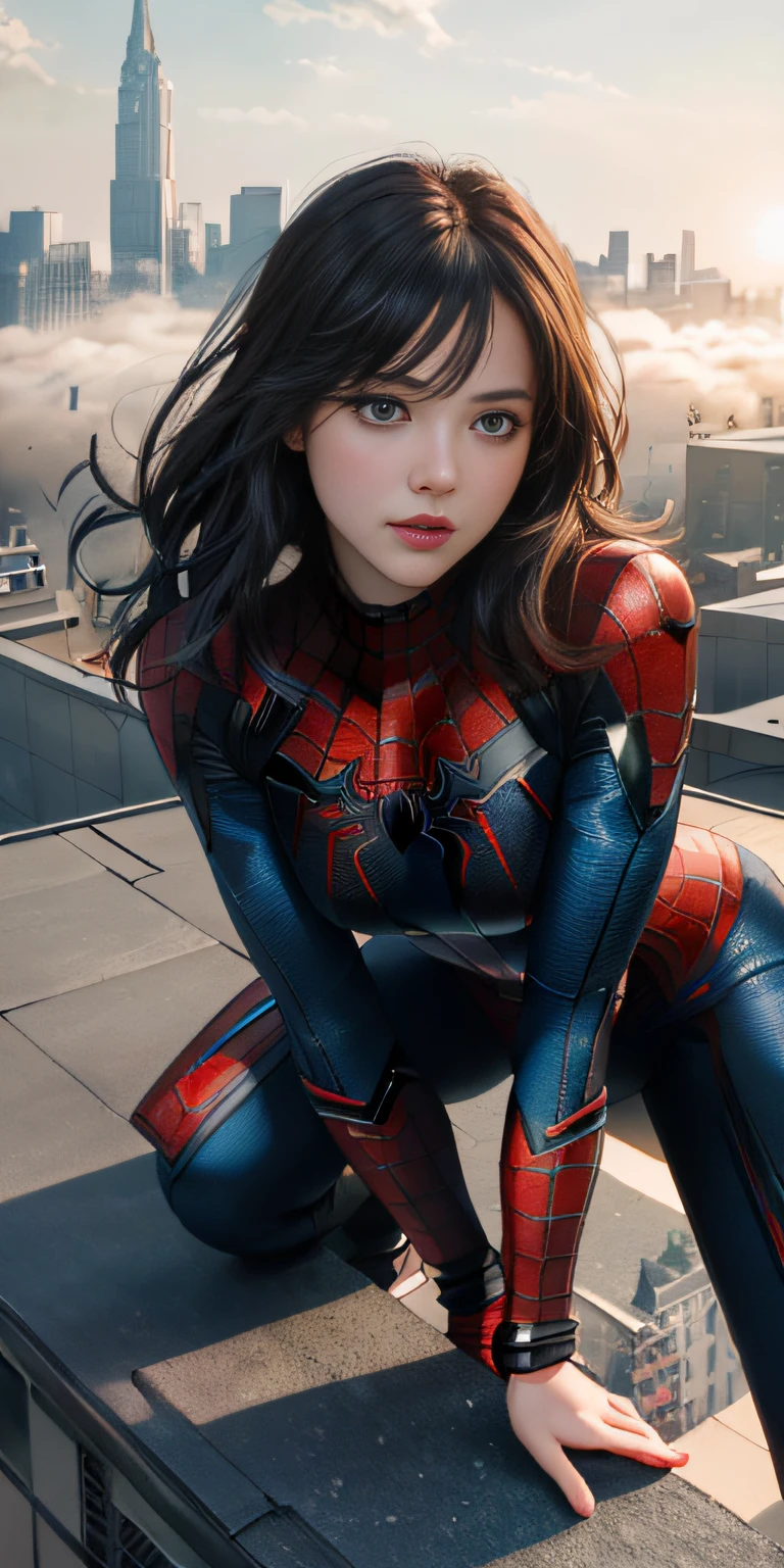 (1girl:1.3), Solo, (((Very detailed face)))), ((Very detailed eyes and face)))), Beautiful detail eyes, Body parts__, Official art, Unified 8k wallpaper, Super detailed, beautiful and beautiful, beautiful, masterpiece, best quality, original, masterpiece, super fine photo, best quality, super high resolution, realistic realism, sunlight, full body portrait, amazing beauty, dynamic pose, delicate face, vibrant eyes, (from the front), She wears Spider-Man suit, red and black color scheme, spider, very detailed city roof background, rooftop, overlooking the city, detailed face, detailed complex busy background, messy, gorgeous, milky white, highly detailed skin, realistic skin details, visible pores, clear focus, volumetric fog, 8k uhd, DSLR, high quality, film grain, fair skin, photo realism, lomography, futuristic dystopian megalopolis, translucent