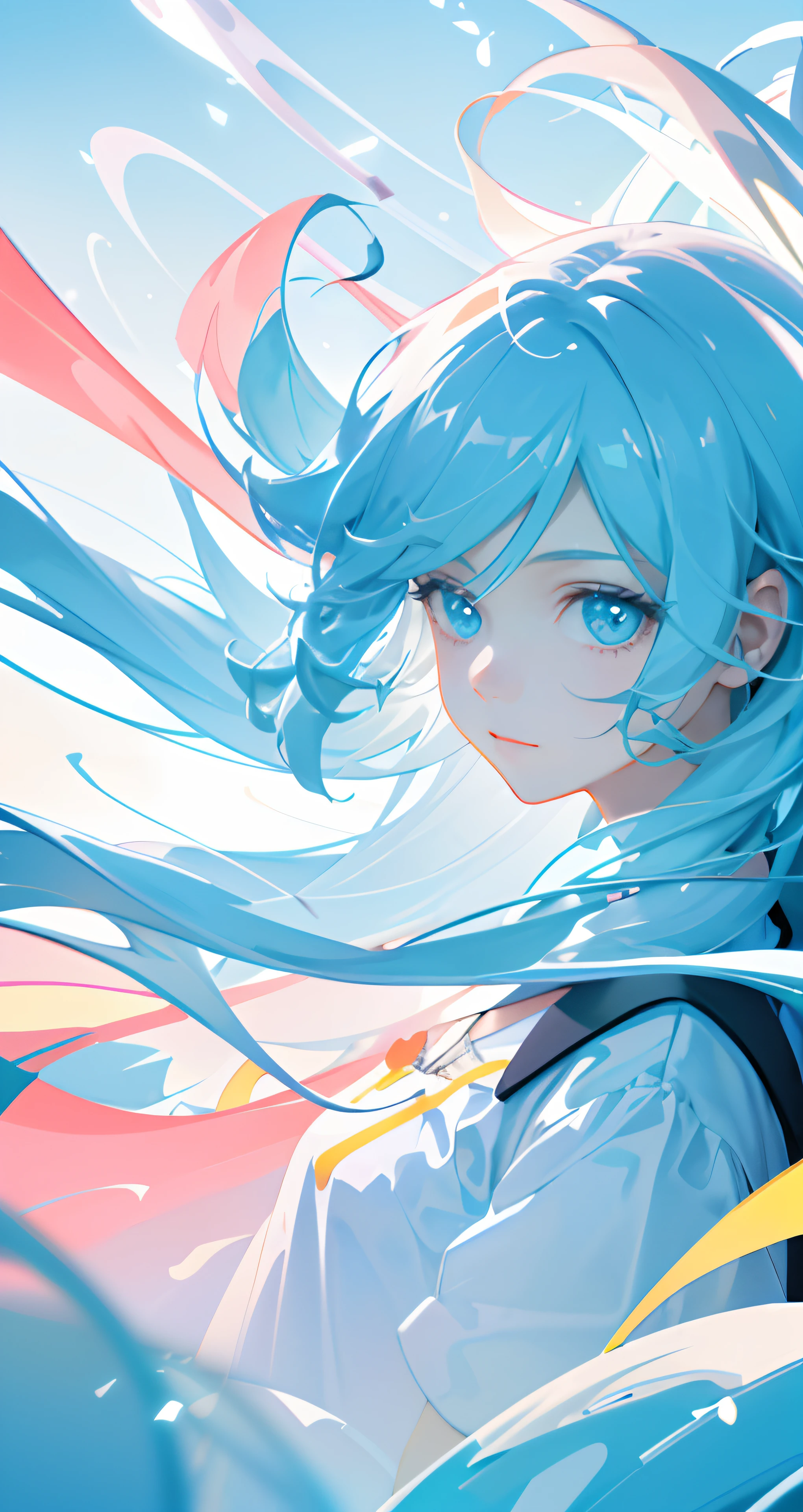 masterpiece, best quality, movie still, 1girl, floating in the sky, cloud girl, cloud, (close-up:1.1), bright, happy, fun, soft lighting, (Bauhaus, shapes, lines, abstract:1.1)