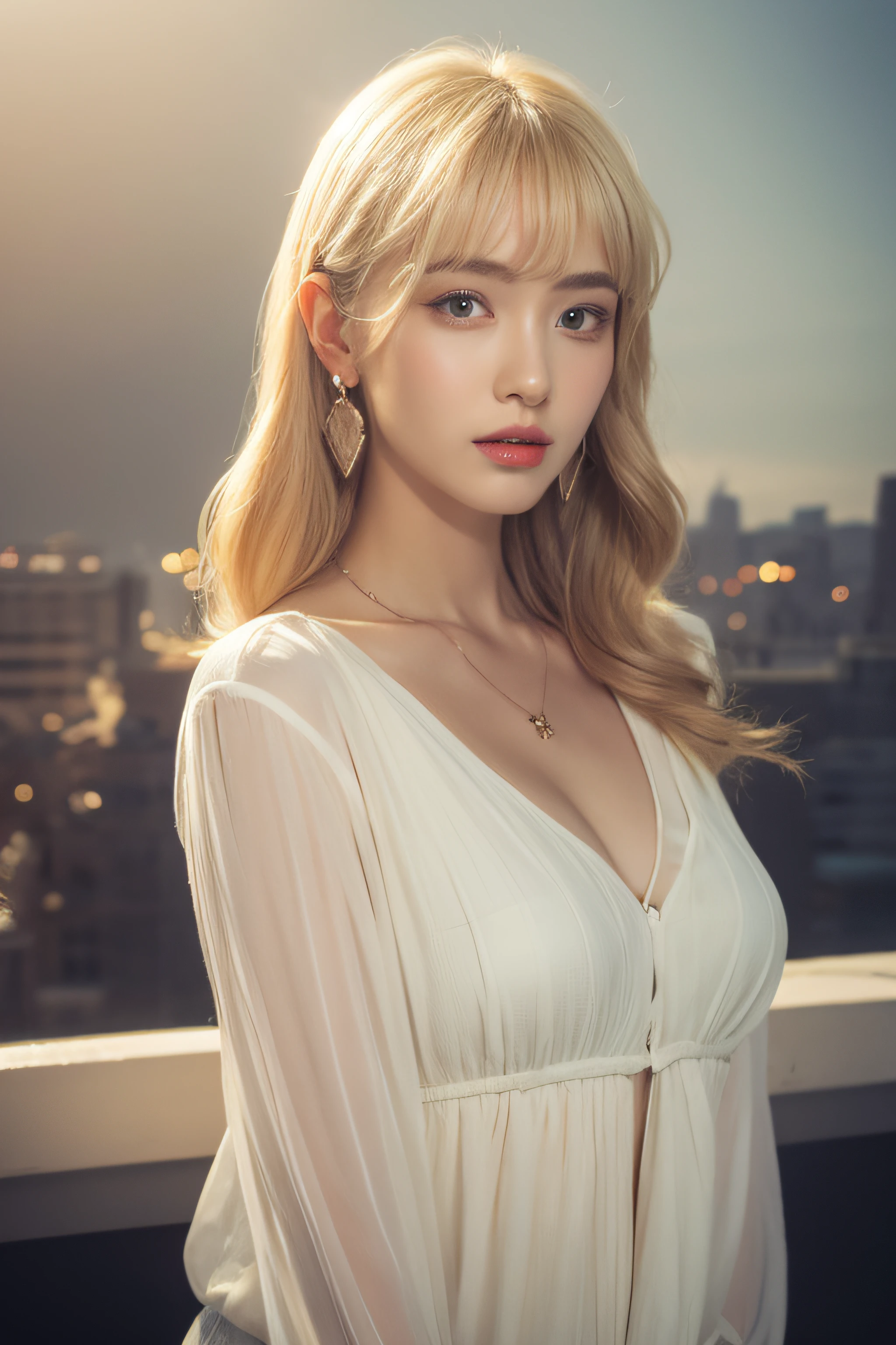 Ultra realistic, 16k, high quality, 1 girl, short blonde hair, shoulder-length blonde/silver hair that spreads across her left temple and is tucked behind her ear, wears small gold hoop earrings in both ears, blue eyes , bright eyes, white skin, pale skin, flushed cheeks, large natural breasts, hot waist, big hips, warm legs, skirt, parted lips, blush, night, flowers, sun, sunlight, 25 years old, (beautiful tall body), photography professional of a detailed stunning woman, sharp focus, dramatic, award-winning, Cinematic lighting, volumetric dtx, (film grain, blurred background, blurred foreground, Bokeh, depth of field, motion blur:1.3), multiple sexy and hot poses .