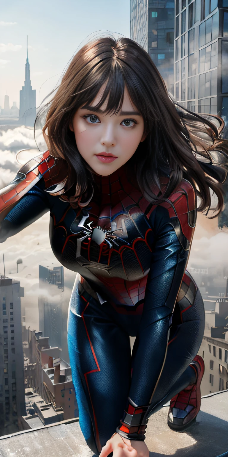 (1girl:1.3), solo, ((very detailed face)))), ((very detailed eyes and face))), beautiful detail eyes, body parts__, official art, unified 8k wallpaper, super detailed, beautiful and beautiful, beautiful, masterpiece, best quality, original, masterpiece, super fine photo, best quality, super high resolution, realistic realism, sunlight, full body portrait, amazing beauty, dynamic pose, delicate face, big , vibrant eyes, (from the front), she is wearing a Spider-Man suit, red and black color scheme, spider, very detailed city roof background, rooftop, overlooking the city, detailed face, detailed complex busy background, messy, gorgeous, milky white, highly detailed skin, realistic skin details, visible pores, clear focus, volumetric fog, 8k uhd, DSLR, high quality, film grain, fair skin, photo realism, lomography, futuristic dystopian giant metropolis, translucent