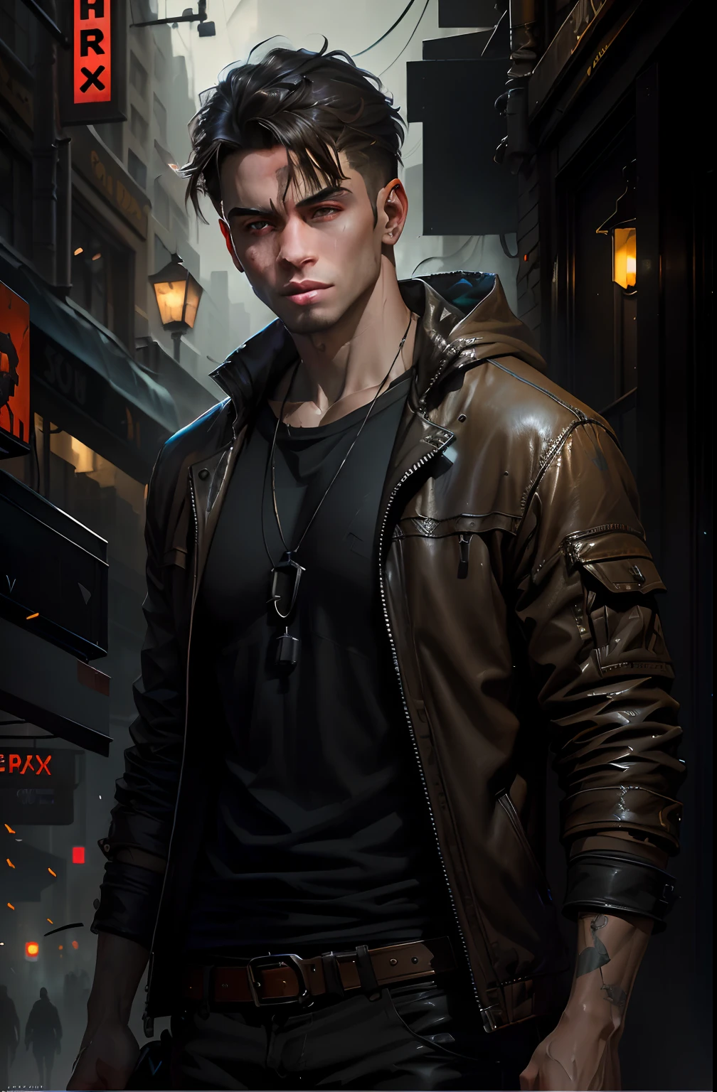 there is a man in a leather jacket standing in a city, stylized urban fantasy artwork, wojtek fus, portrait of a cyberpunk man, cyberpunk street goon, neoartcore and charlie bowater, cyberpunk character art, cyberpunk character, inspired by Adrian Zingg, hyper-realistic cyberpunk style, cyberpunk dude, cyberpunk style , hyperrealistic, shadowrun character art