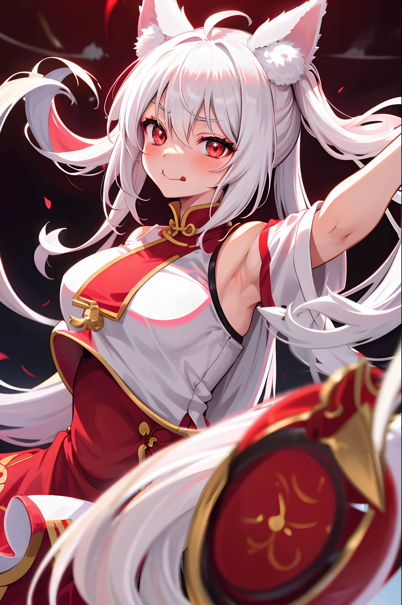 wolf ear fluff,ahoge,twintails,white_hair,red_eyes,facing viewer,licking lips,wariza,spread arms,blush,china dress,,