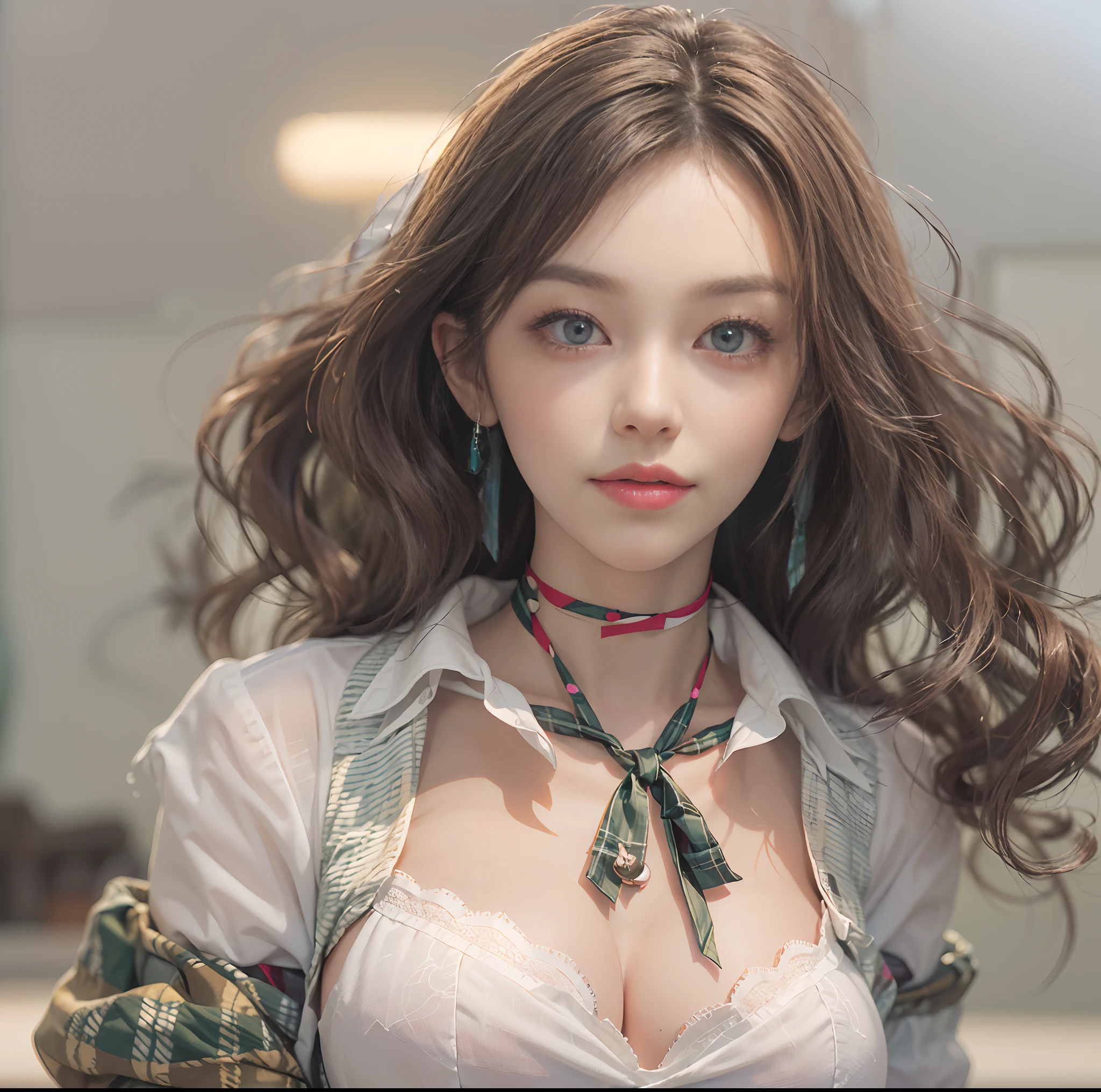 (top-quality、masterpiece)、(Realistic lighting with shadows)、elegent、(A hyper-realistic:1.5)、Stylish, canny, traditional, artistic, intricate detailes、(Perfect anatomical depiction of the human body)、1girl in, ( Huge breasts :1.5), She is a age girl、Beautiful bright blue eyes squinting dazzlingly、Small lips without lipstick、Brunette hair fluttering in the wind、She has half-up hair that shines in the backlight of the setting sun, Eta、She is a schoolgirl summer outfit、 (The skirt is a tartan plaid micro mini pleat:1.5)、(Neat white blouse and white panties:1.5)、 (Thin crimson ribbon ties:1.5), tightly closed from neck to skirt, So you can't see the skin., So the girl's breasts are not exposed at all.、(The blouse is very cramped because the breasts are so large:1.5)、 (She's in a sexy pose、It is very bewitching and beautiful:1.5)、Looks like a school goddess、This photo was taken with a cute smile with narrowed eyes as if a wonderful flower was blooming in front of me...。, (Show your chest from the front:1.5), (the face is chubby:1.3), perfect anatomia, A detailed face, close up of face, irene1, zydG