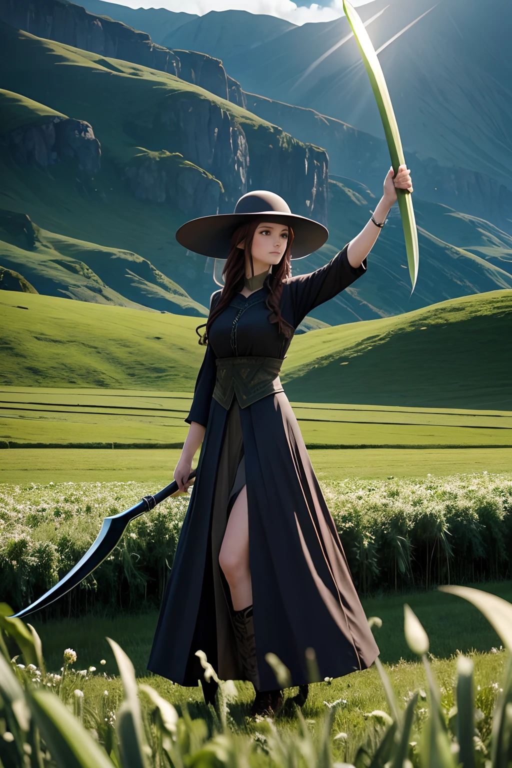 high qulity,Animate,faeries,The halo,Stout,Strong arms,Scythe in hand,Leek pattern clothing,levitating,Leek field
