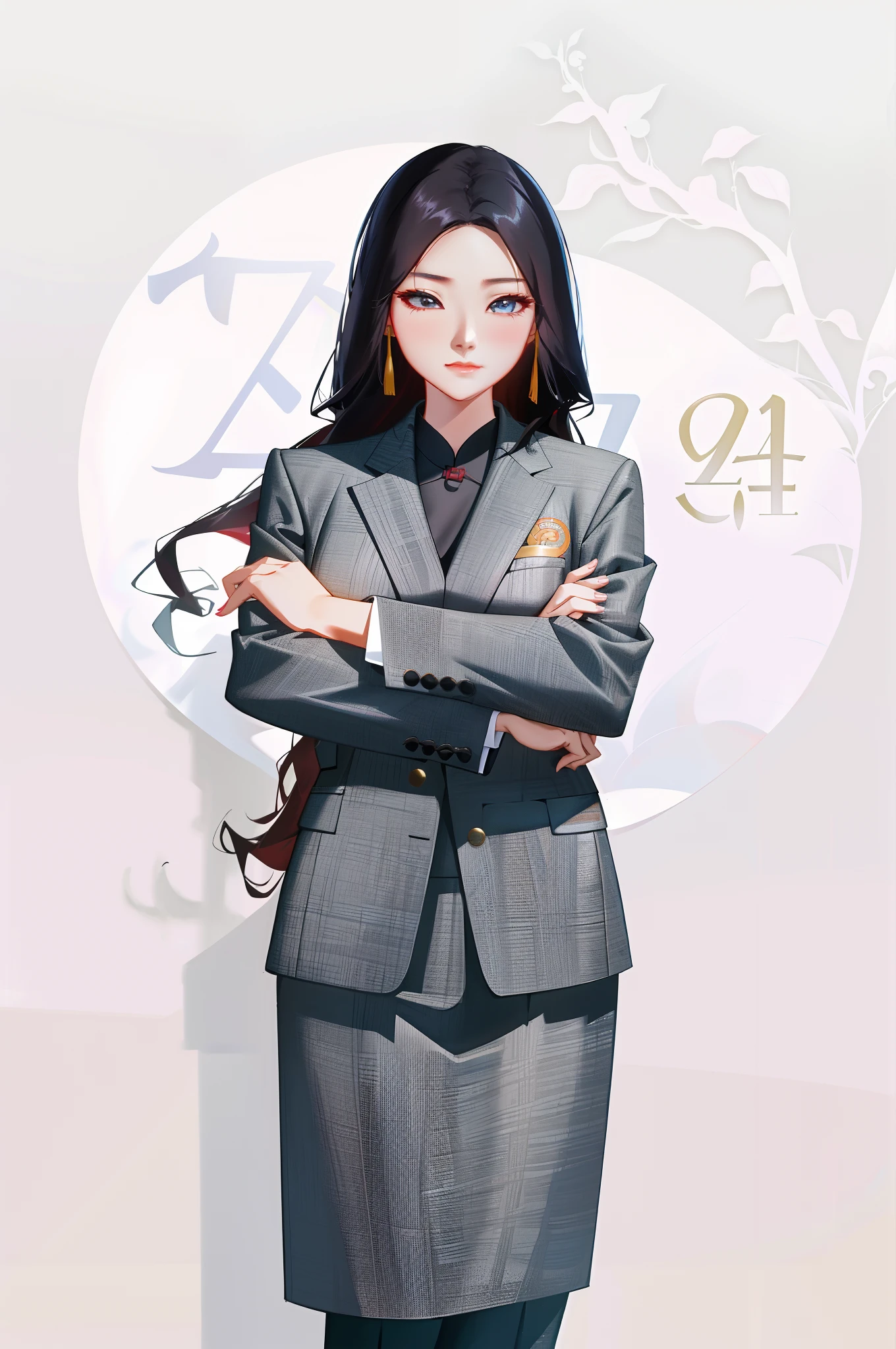 A woman in a suit and a black blouse stands with her arms crossed, professional corporate portrait, lulu chen, corporate photo, Gemma Chen, corporate portait, wenfei ye, mei-ling zhou, Zhang Pengzhen, Yun Ling, Zhang Wanting, Li Zixin, Jackie Tsai style, katherine lam, Lu Ji, jiyun chae, portrait of christy ren