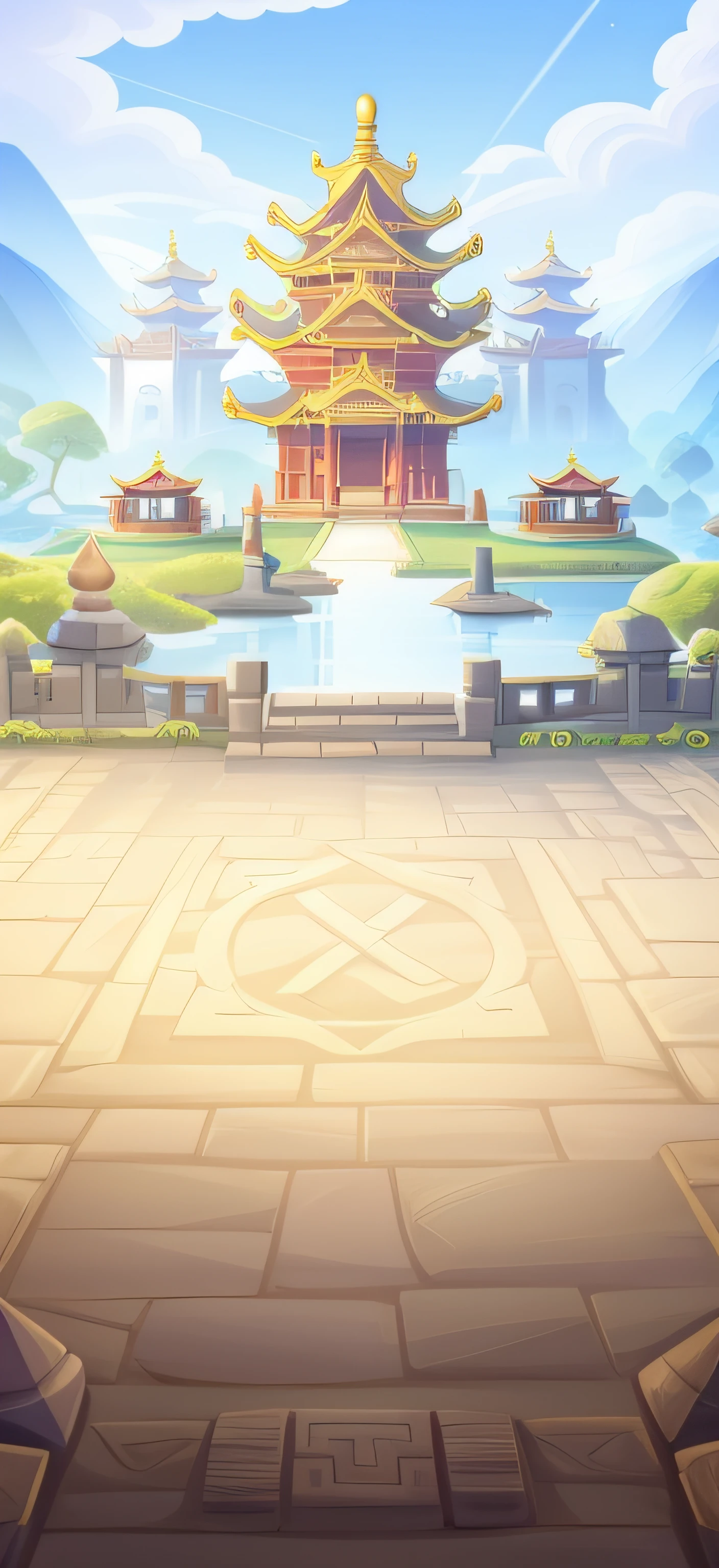 Cartoon illustration with landscape of pagoda and lake, Temple background, palace background, Mobile game background, odin's stone arena background, light kingdom backdrop, arena background, Zen temple background, arte de fundo, background depicting a temple, mysterious temple setting, game background, random background scene, ancient ruins background, 8k hd wallpaperjpeg artifact