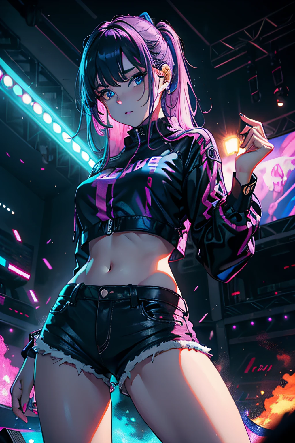 Young Woman, rock, concert, 8K UHD, neon, violet. blue, magenta, hate you, destroy blouse, destroy shorts, photographic studio, portrait, full flames