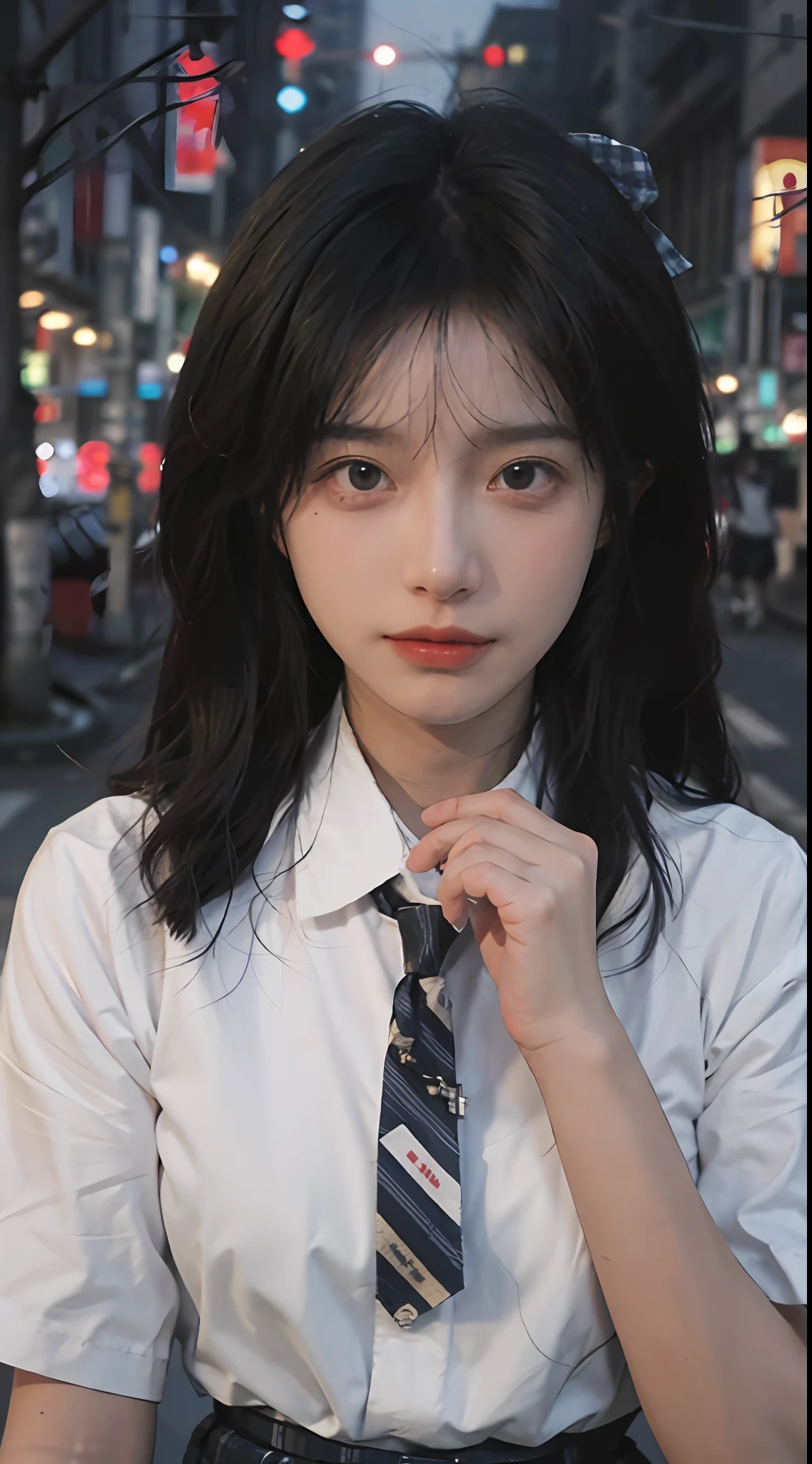 1girl, (solo:1.2), ((masterpiece)), (shadow), [slim], (very high quality:2), (small breasts), (detailed:1.7), (thick lines), cinematic lighting, (textured skin), ((sharp focus)), ((very clear)), drop shadow, focused, shading, tracing, smooth, pale skin, sharp, (pixiv), ((detailed surroundings)), yoru, black hair, long hair, scar on face, standing, spirals in eye pupils, closed mouth, upper body, ocean, halo, school uniform