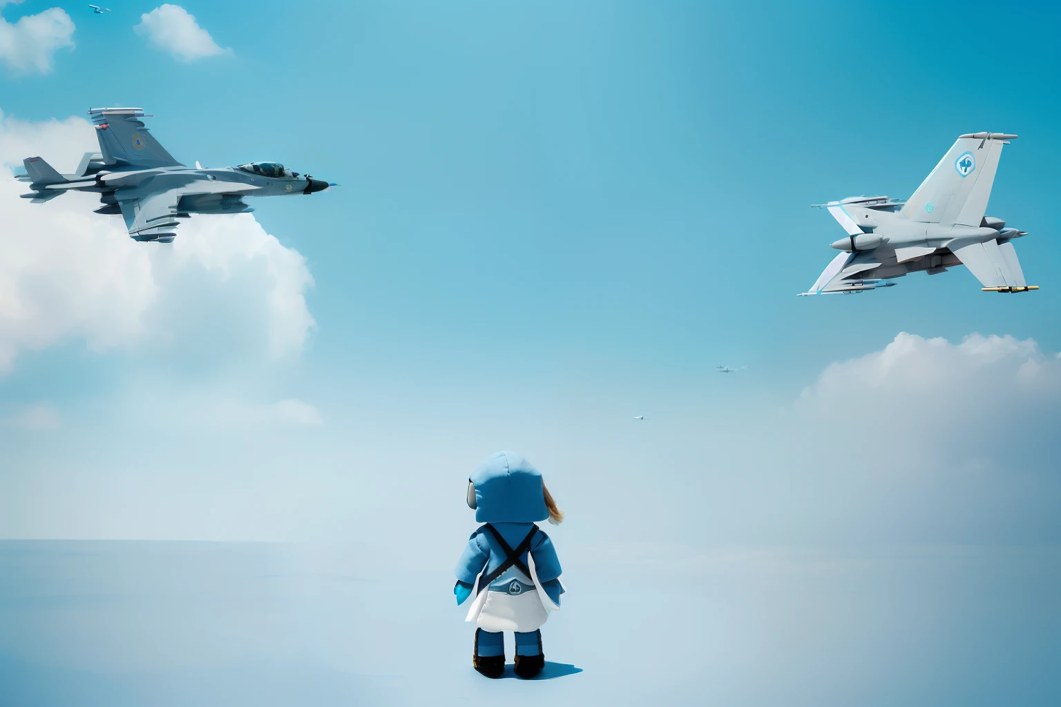 ((Soft color combinations:1.2),(The back of a valiant little soldier doll:1.3),(with blue sky and white clouds:1.1),(fighter jets:1.3),(Bring your camera and ID card:1.1))