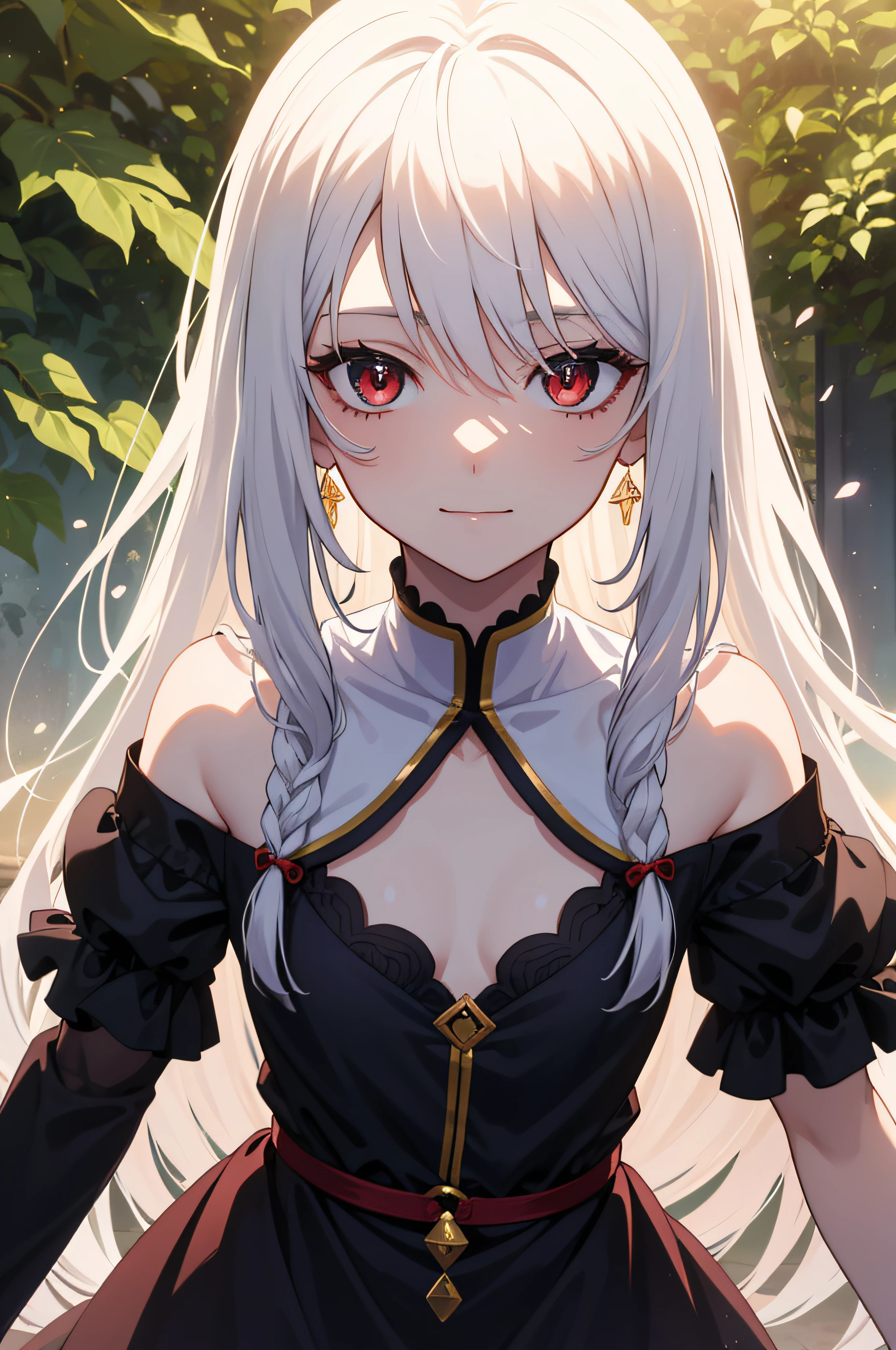 "1 girl with fiery red eyes, white hair, adorned in dark and mysterious clothing, standing at the edge of a misty, dense forest at night, with the moon illuminating her face with a sinister glow."), film grain, flower, backlighting, reflection light, rays of god, blurred, cinematic lighting, motion blur, masterpiece, best quality, masterpiece, super detail, high quality, best quality, 16k, HD, high details, detailed eyes, sparkles in the eyes, black dress with white with little revealing breasts, 1 black flower in the hair, reaching out with a smile and a wink