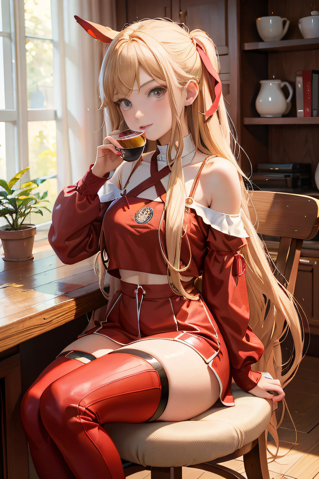 Anime - Style Girl in red sitting at a table drinking tea, small curvaceous , seductive anime girls, photorealistic anime girl rendering, Anime girl cosplay, Lolionde anime girl with long hair, beautiful alluring anime teen, Sulism female students, trending on cgstation, Photorealistic anime, Anime goddess, Surrealism female students