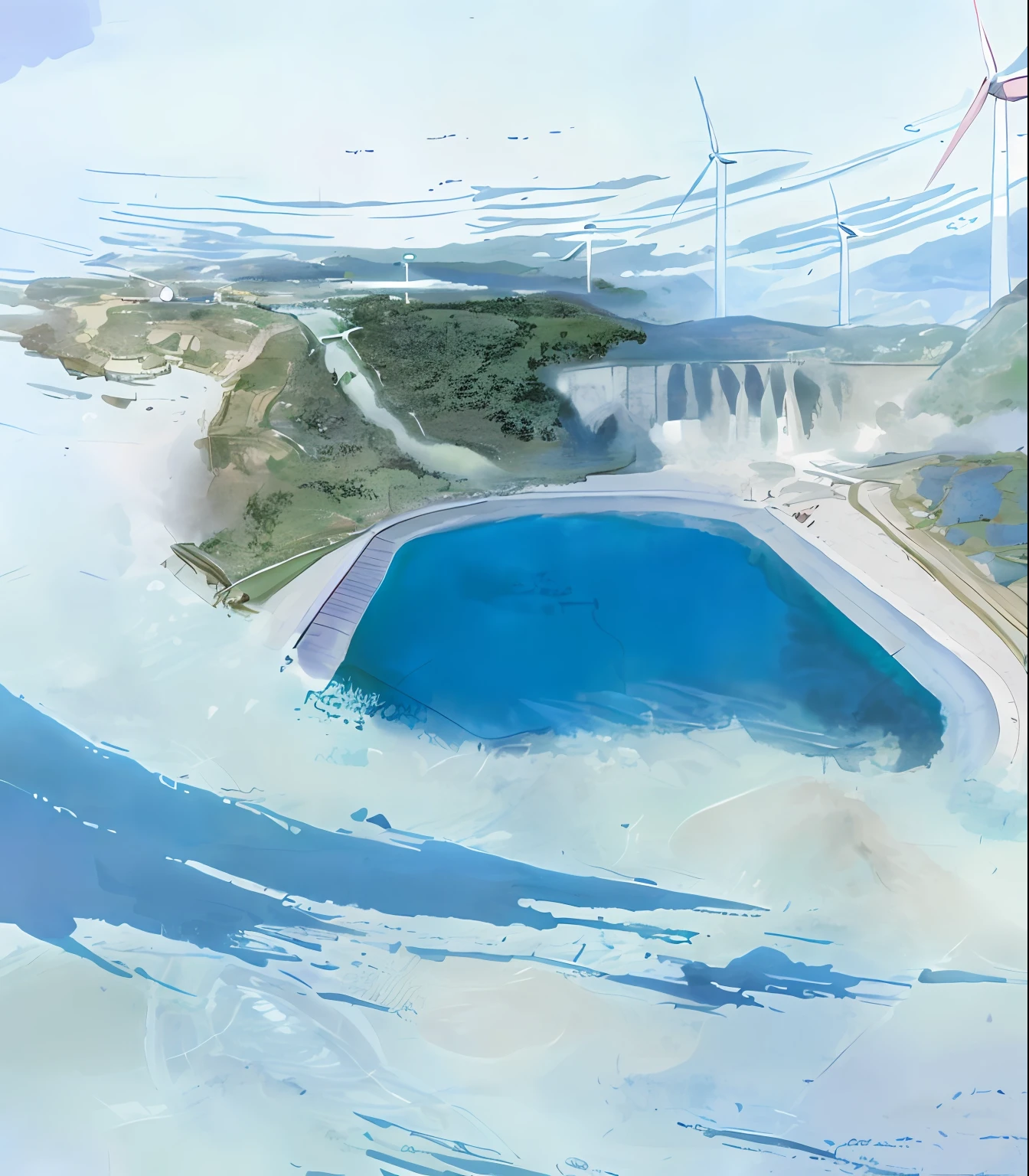 In the background there is a picture of a body of water with a wind turbine, author：Zhang Shengqi, Illustration matte painting, aerial illustration, hydropower, made purely out of water, hyper realisitc, by Ni Yuanlu, author：Jacob Galmain, author：Richard Mayhew, concept art highly detailed, author：Kurt Roesch, Kim Hyun-joo