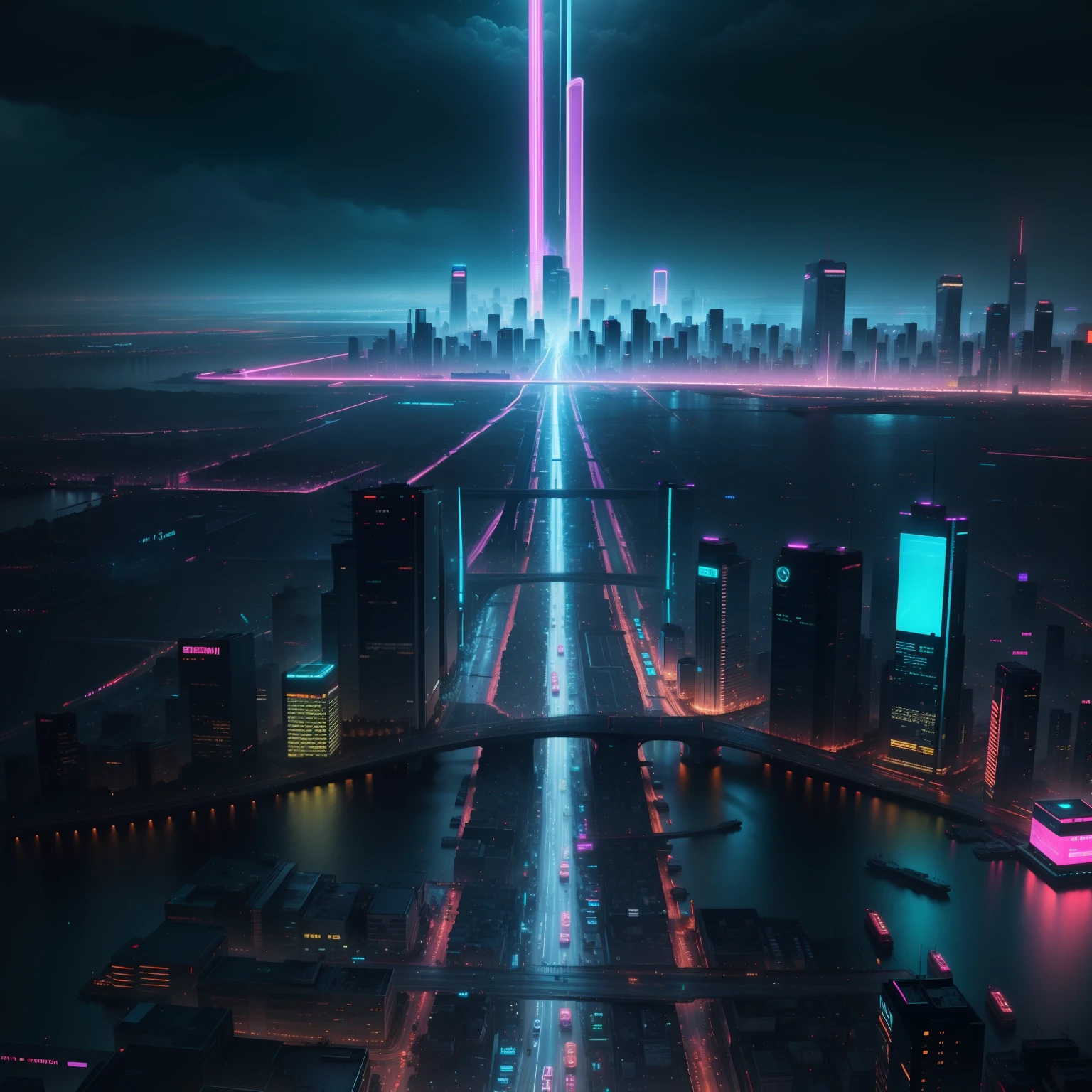 HD 4K cyberpunk city wallpaper,Brilliant neon lights,rained,A bridge is in the middle of the city。(Optimized Prompt)