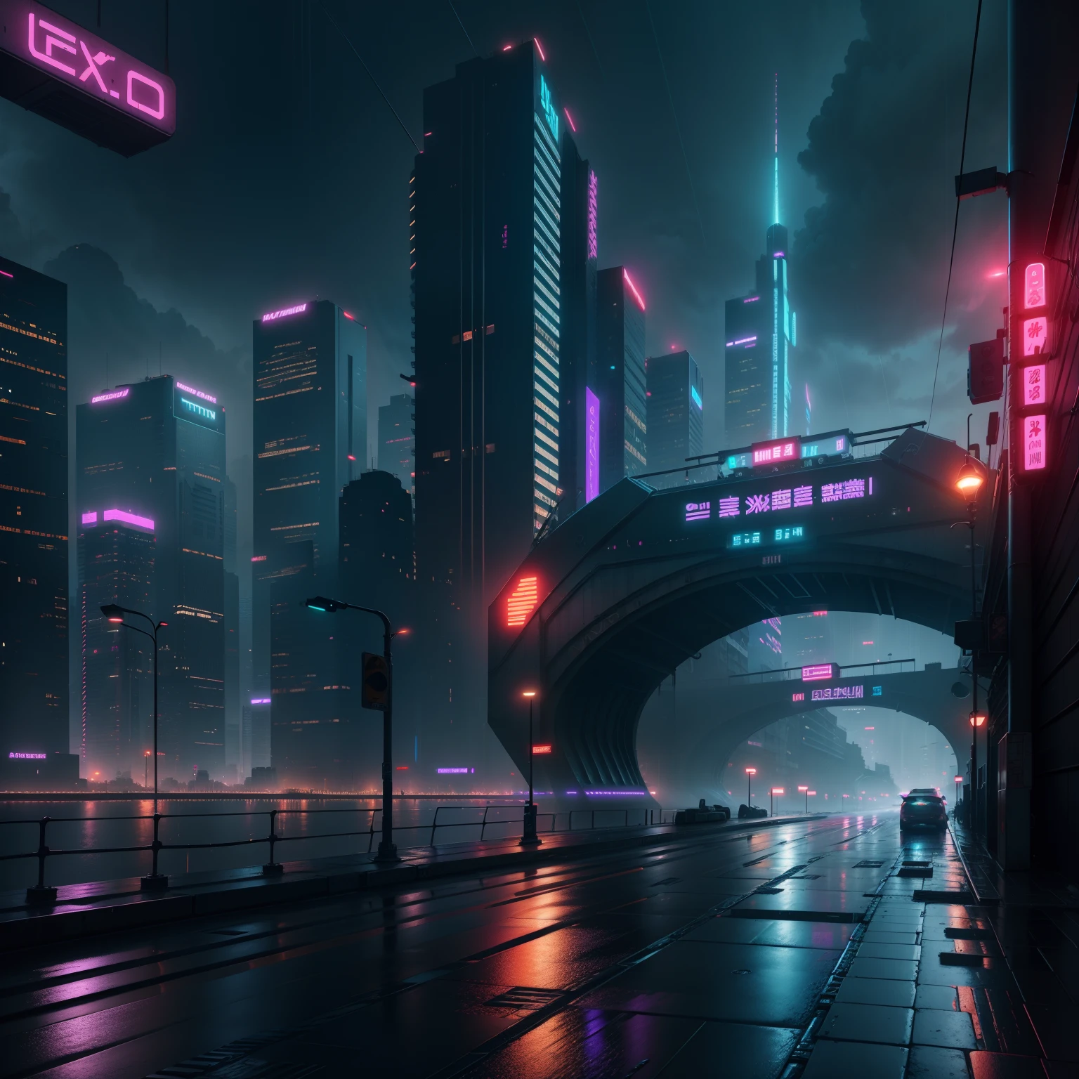 HD 4K cyberpunk city wallpaper,Brilliant neon lights,rained,A bridge is in the middle of the city。(Optimized Prompt)