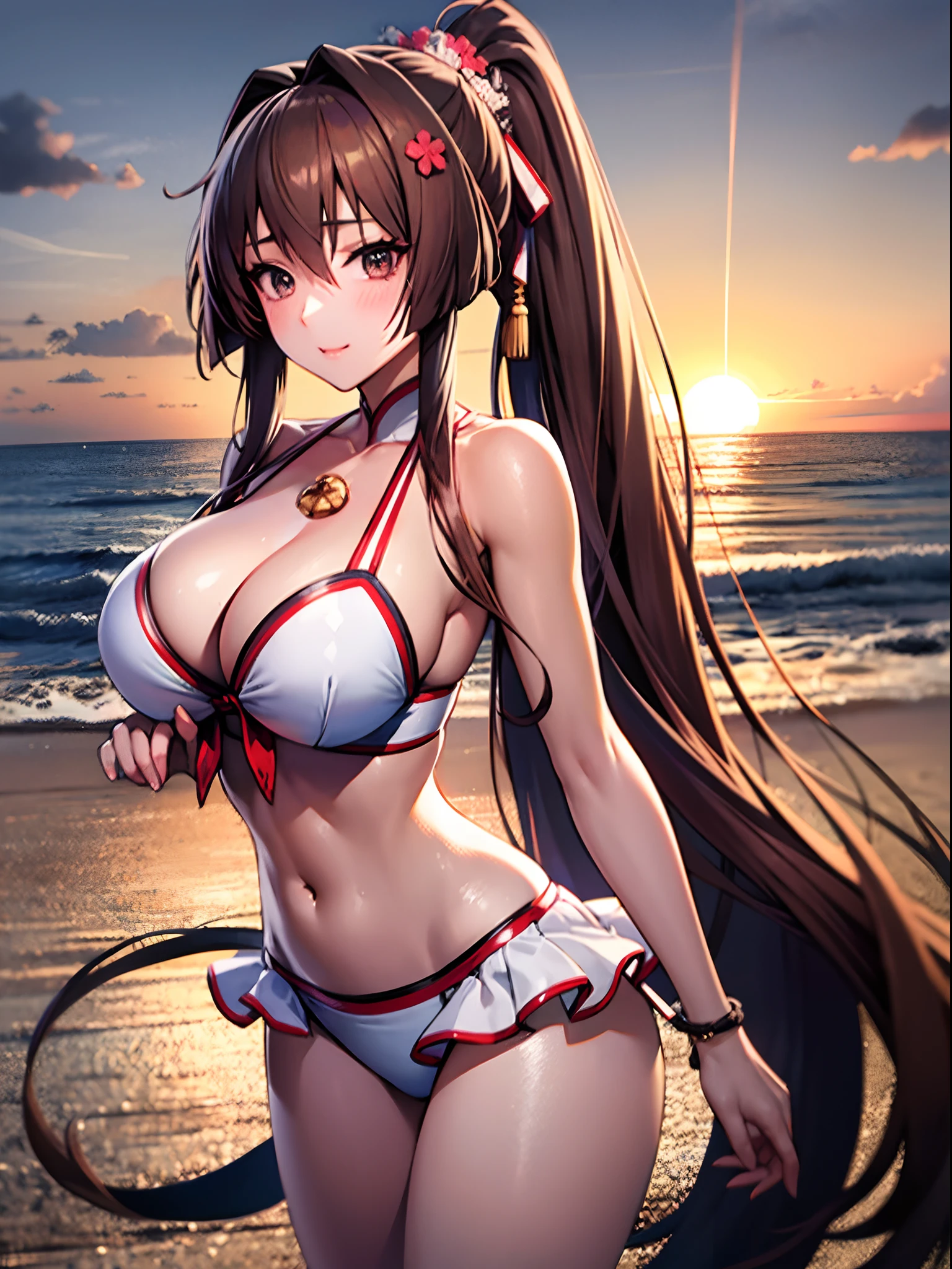 ​masterpiece, Best Quality，top-quality，{{{Yamato \fleet}}}，Very long ponytail，Brown hair，red blush，brown-eyed，Nasty face，very large breasts，very sagging chest，女の子1人，White bikini，{{{White bikini}}}，very long ruffles of white color,，{{{very long ruffles of white color,}}}，{{{the beach}}}，Beautiful sunset，Great backlight，bare-legged，Bold poses，