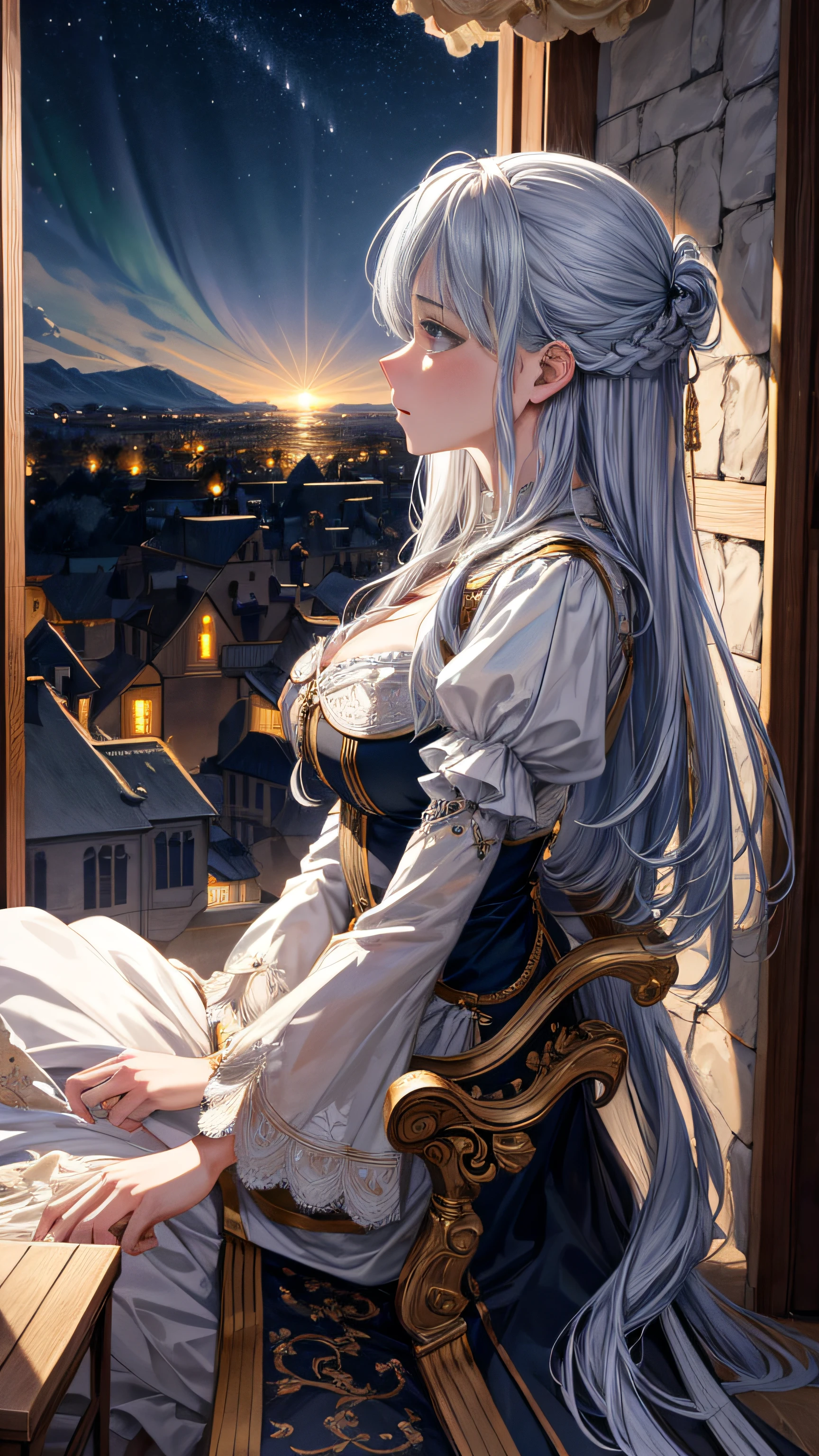 1girl, mature, long silver hair, night, inside castle, aurora, moon,//
girl sitting on wooden chait inside castle, peaking out from window during night looking up at sky aurora,
//
, (()), Realism, CGI, VFX, Edge Lighting, ((high quality:1.2, masterpiece:1.2)), absurdres, high resolution, (8k resolution), 8k, 8kres, 8k res, high details, detailed and intricate, intricate details, high intricate details, absurd amount of details, landscape, outdoors, ((upper body:1.2)), portrait, Cowboy Shot, Aerial Shot, Helicopter Shot, Profile Camera Staging, From Side, Looking Right, (()), Realism, CGI, VFX, Edge Lighting, ((high quality:1.2, masterpiece:1.2)), absurdres, high resolution, (8k resolution), 8k, 8kres, 8k res, high details, detailed and intricate, intricate details, high intricate details, absurd amount of details, landscape, outdoors, ((upper body:1.2)), portrait, Cowboy Shot, Aerial Shot, Helicopter Shot, Quarter Turn Camera Staging, From Front, From Side