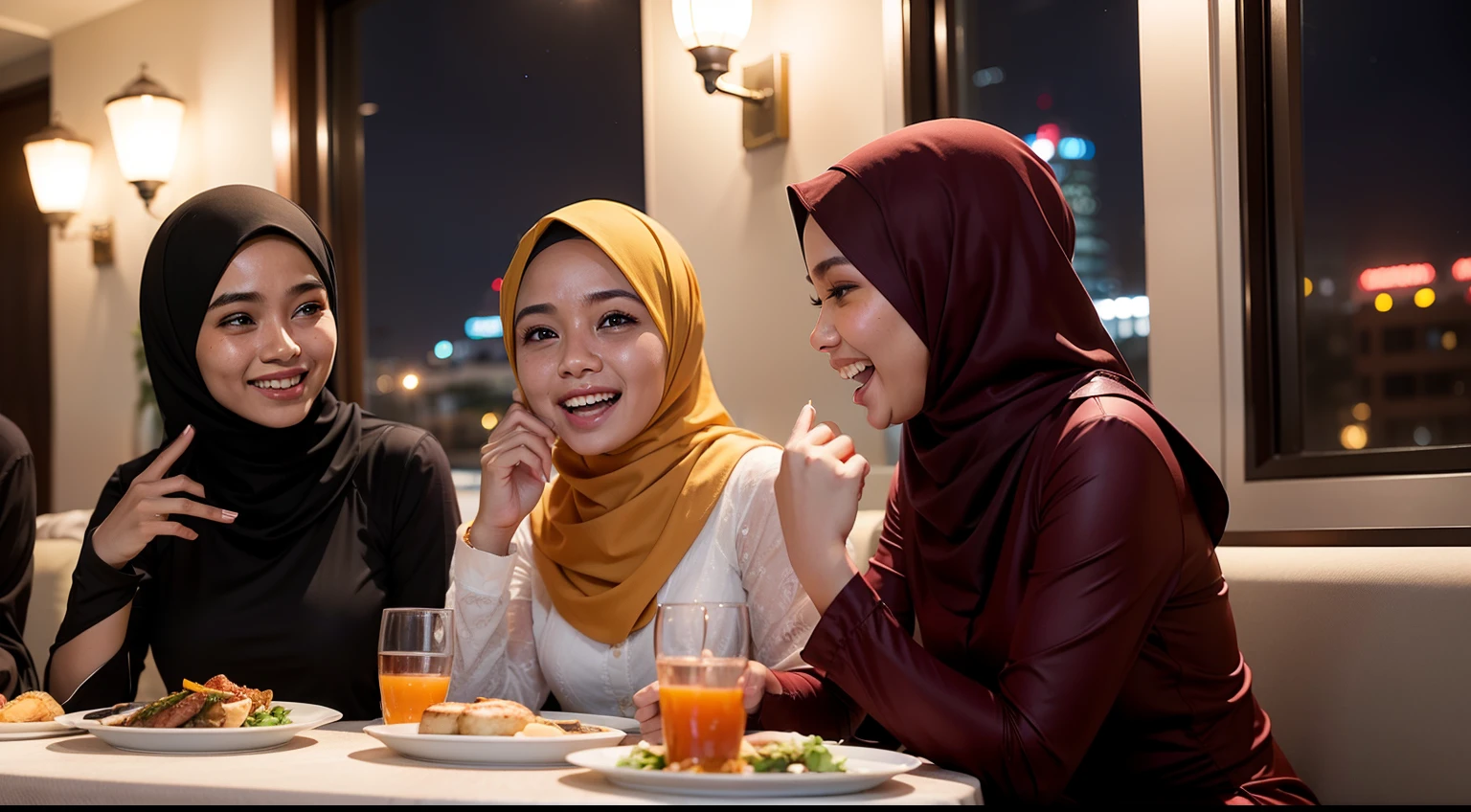 4 malay girl wearing hijab with modest long dress having dinner in hotel, nighttime, beautiful girl, professional lighting, professional photography