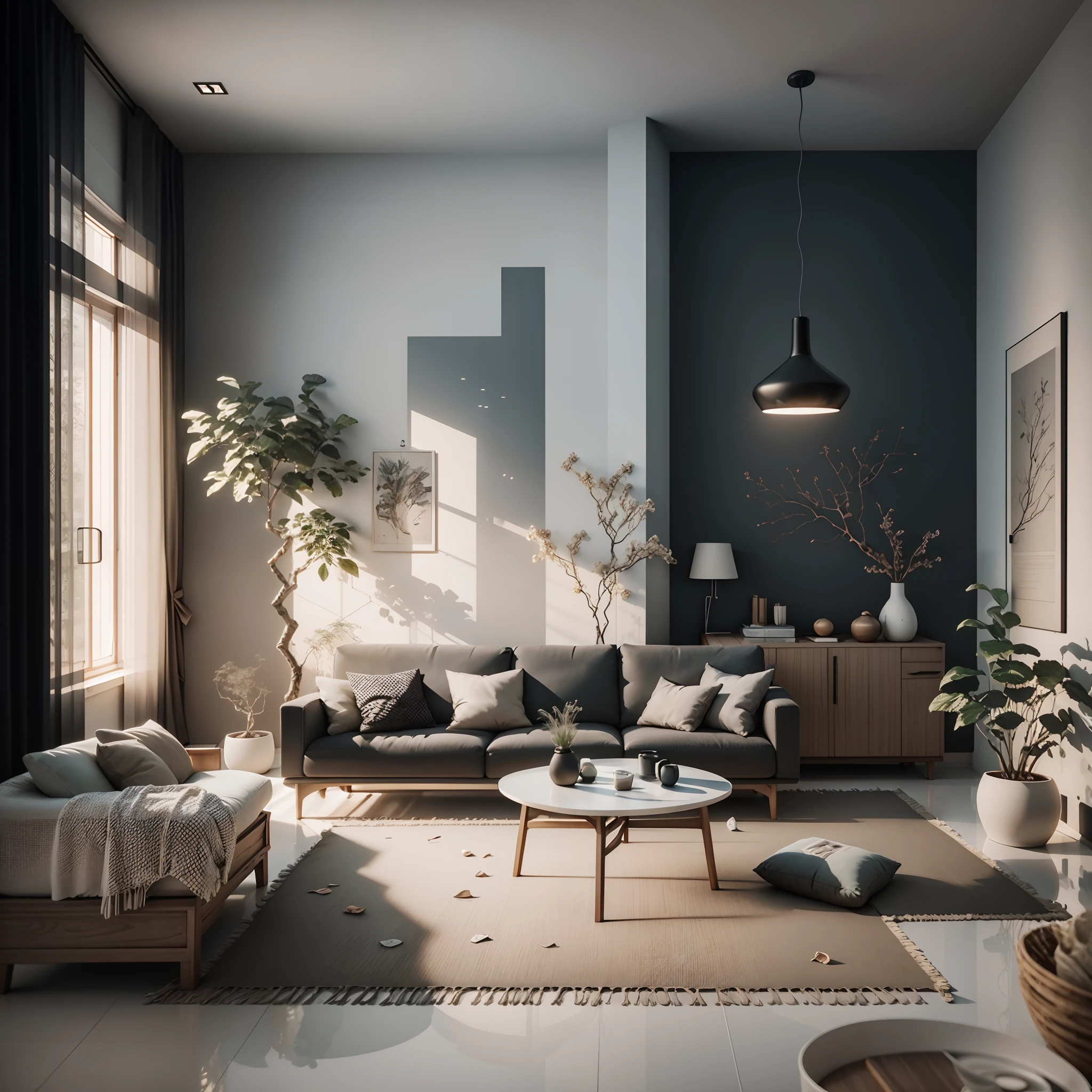 Interior design，liveroom，European minimalist style，Minimalist，nordic，Black ash，Light-colored furniture，Multi-angle display，a 3D render、cozy indoor lighting、8K，terrazzo，janelas，Simple wall lamp，Concise wind