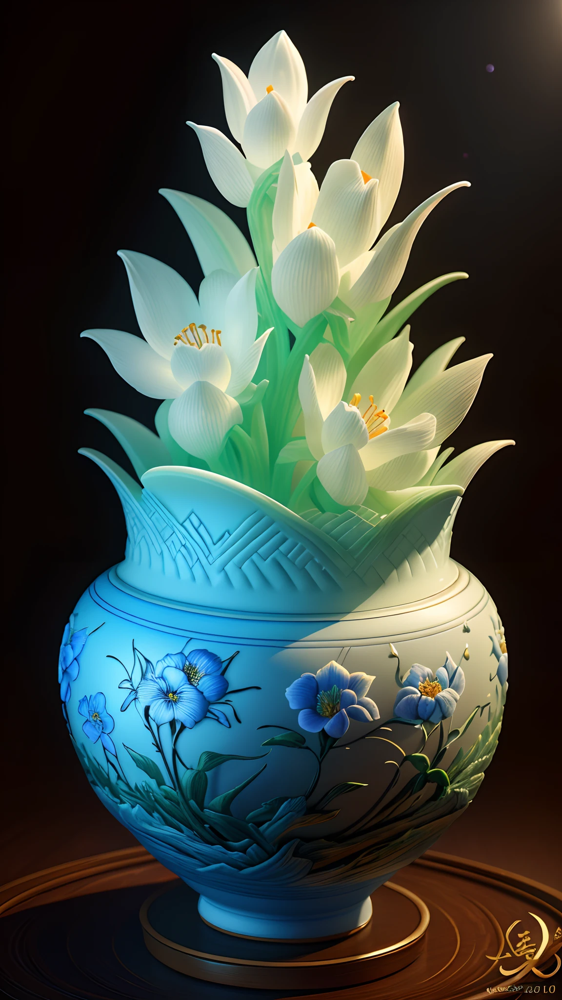 There is a blue vase with white flowers in it on a table - SeaArt AI