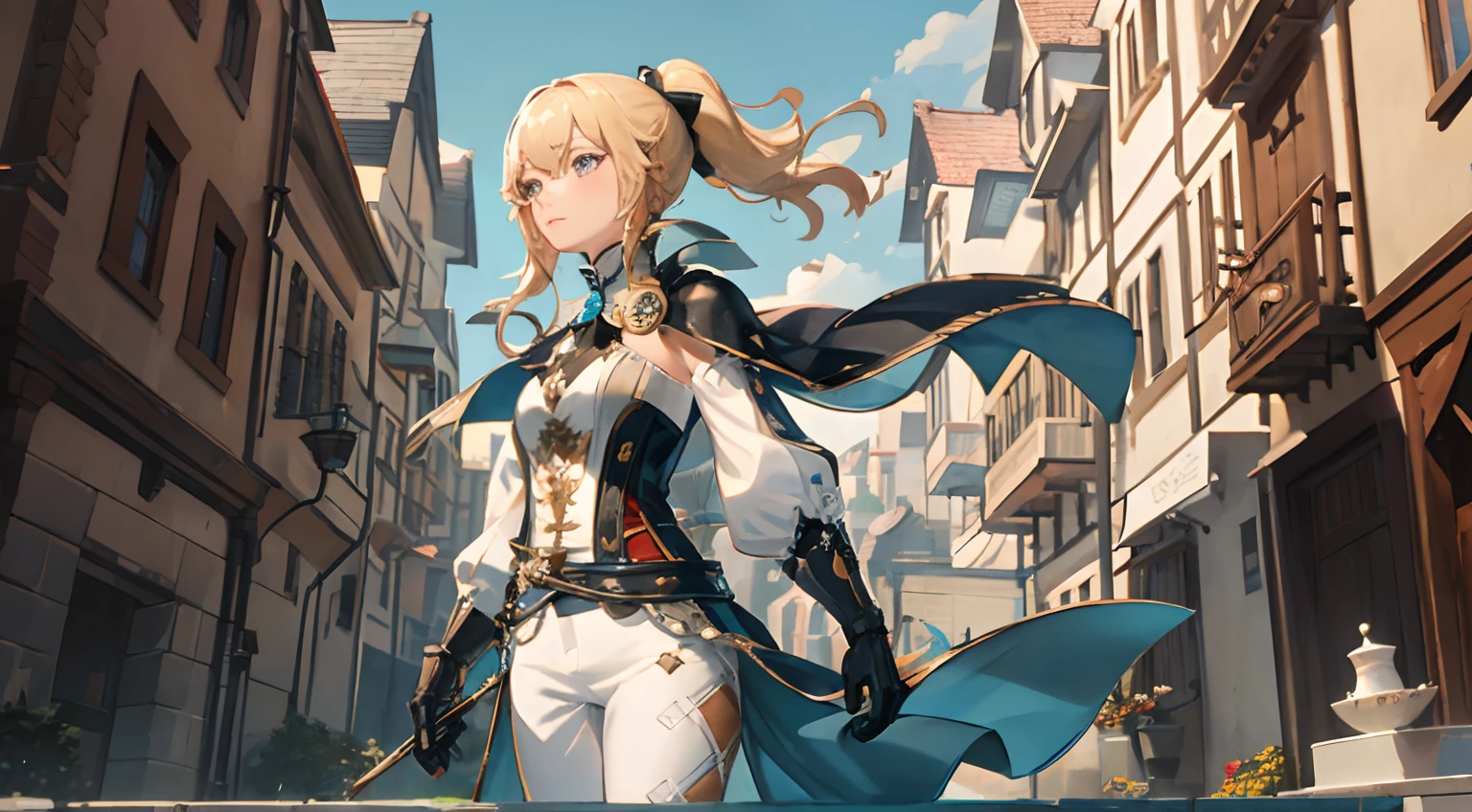 ((masterpiece,best quality)),(negative space:1.4),(1girl, solo:1.4),beautiful detailed eyes,floating blond ponytail hair, long white pants, standing outside in old medieval european city, fountain, houses, flowers