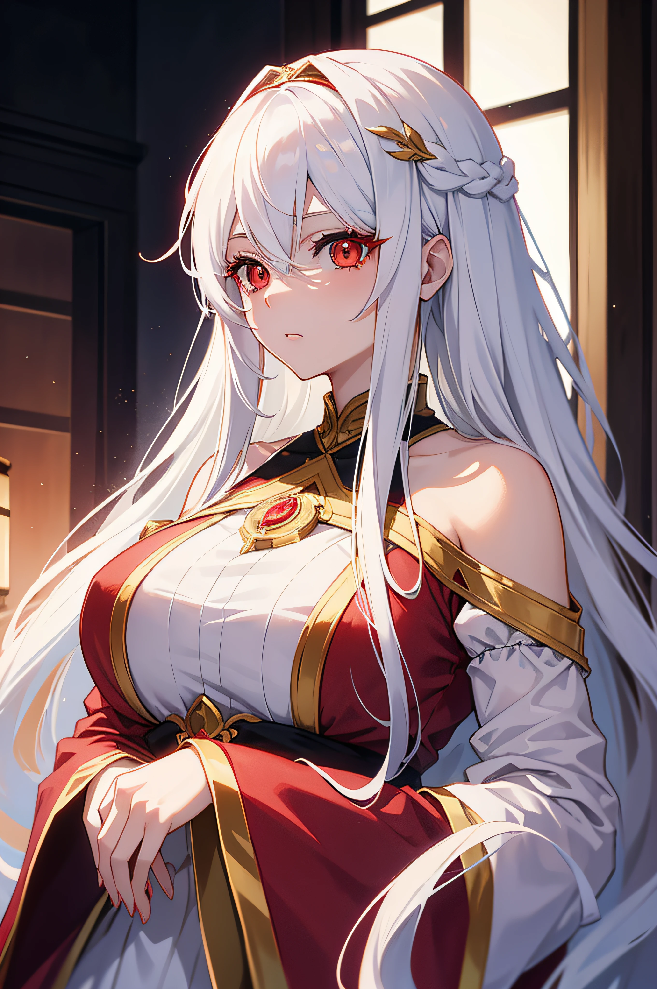 (Anime depiction of a woman), (Long white hair), (red-eyes), Pleasant lighting, (detailes eyes), Detailing clothes, beatiful face, gown