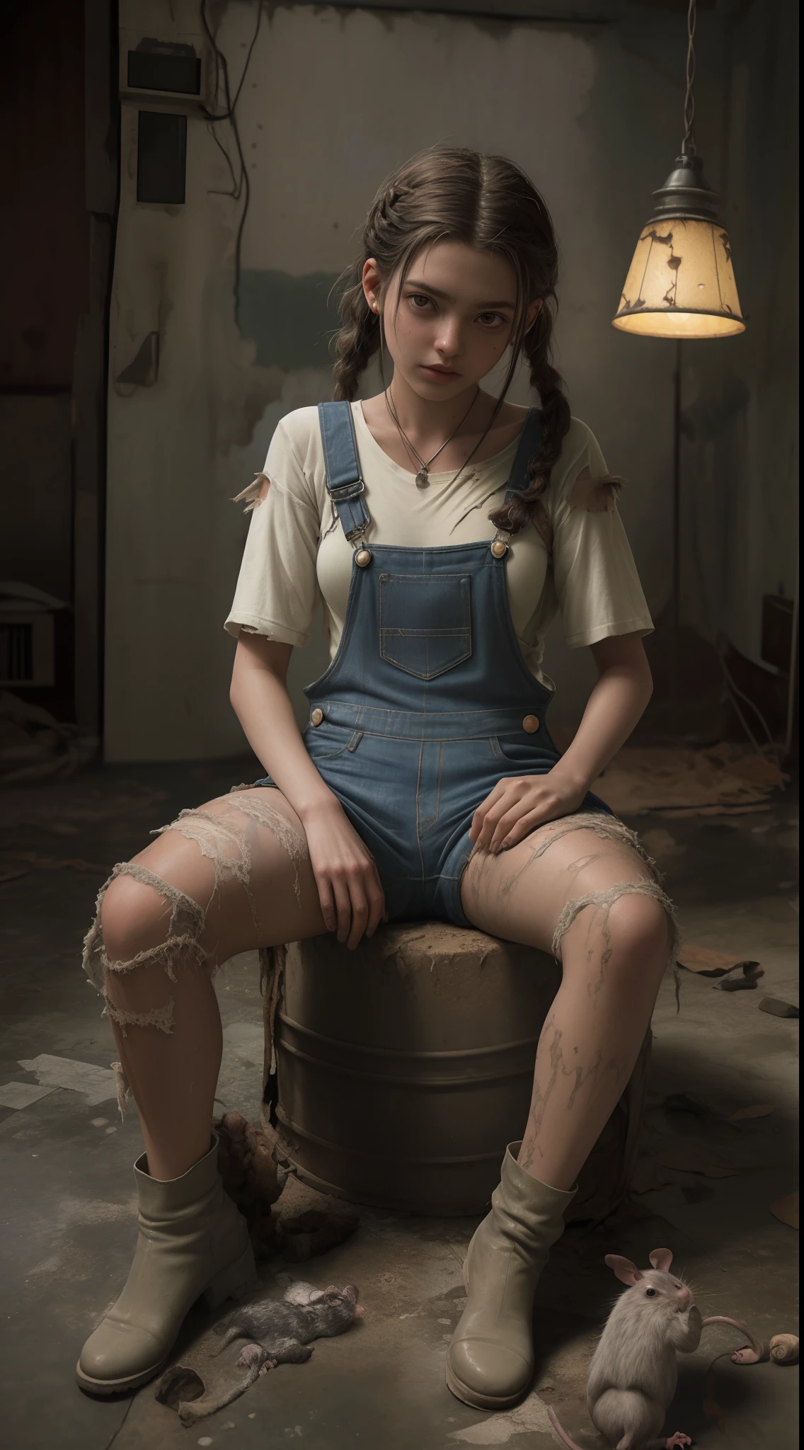 Foto no escuro de 1 Garota de 18 anos (( Dressed in torn and fallen overalls)),em um filme de terror apavorada ,brunette hair braids transparent dress ripped dirty, seios grandes,pele ferida, with a lamp in the dark (( sitting on the dirty floor full of rats )), The Dark of a Basement,8K Ultra realista